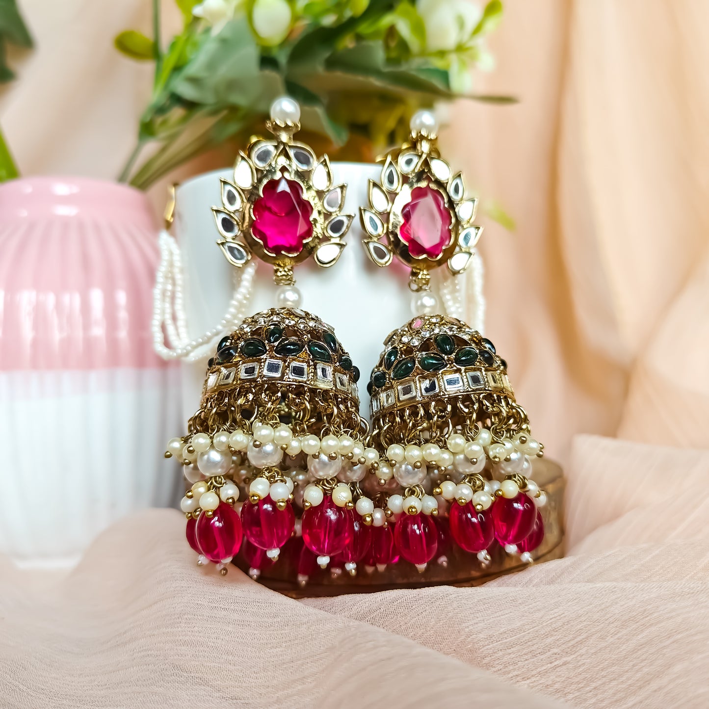 Shagun Jhumka Earrings - Pink Pearl