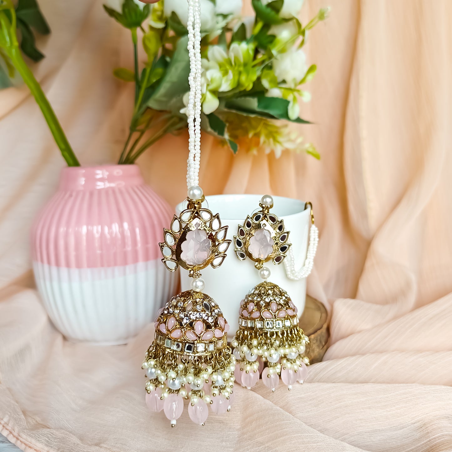 Shagun Jhumka Earrings - Baby Pink