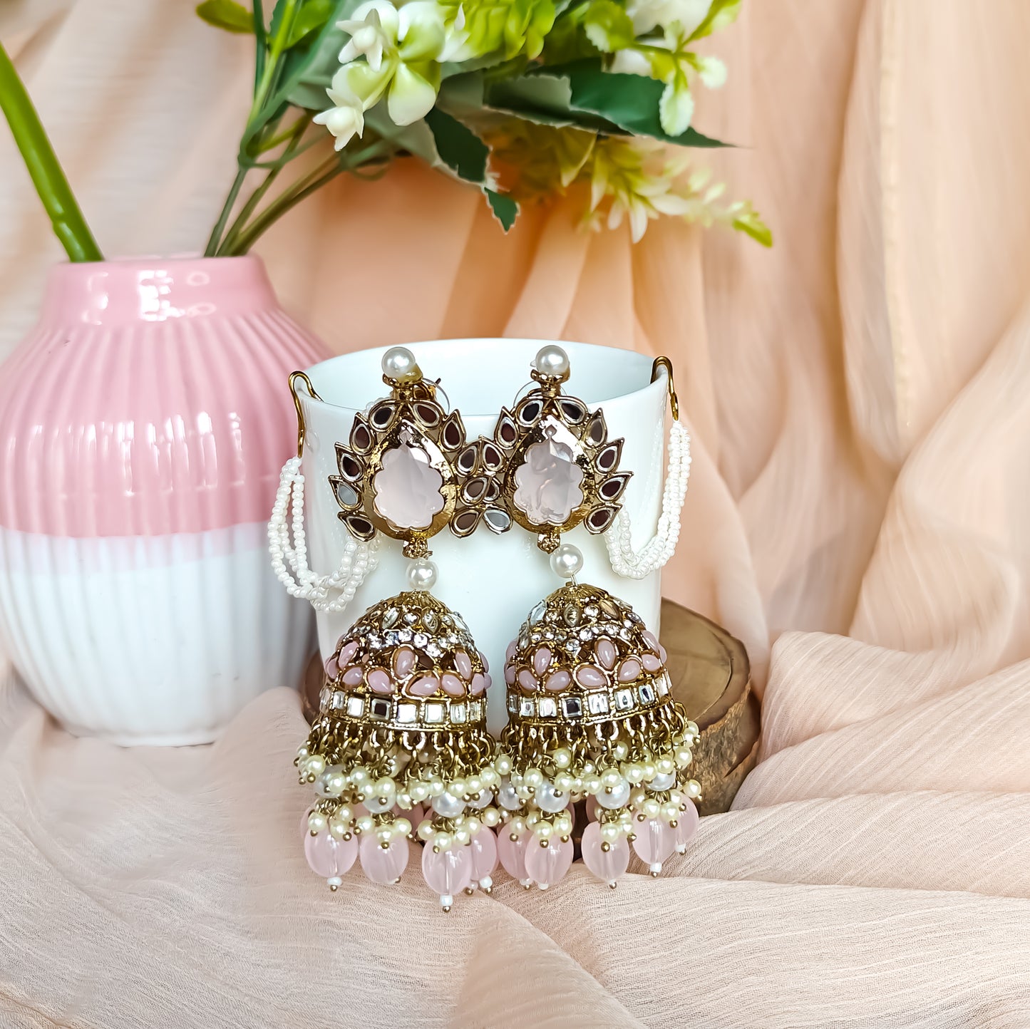 Shagun Jhumka Earrings - Baby Pink