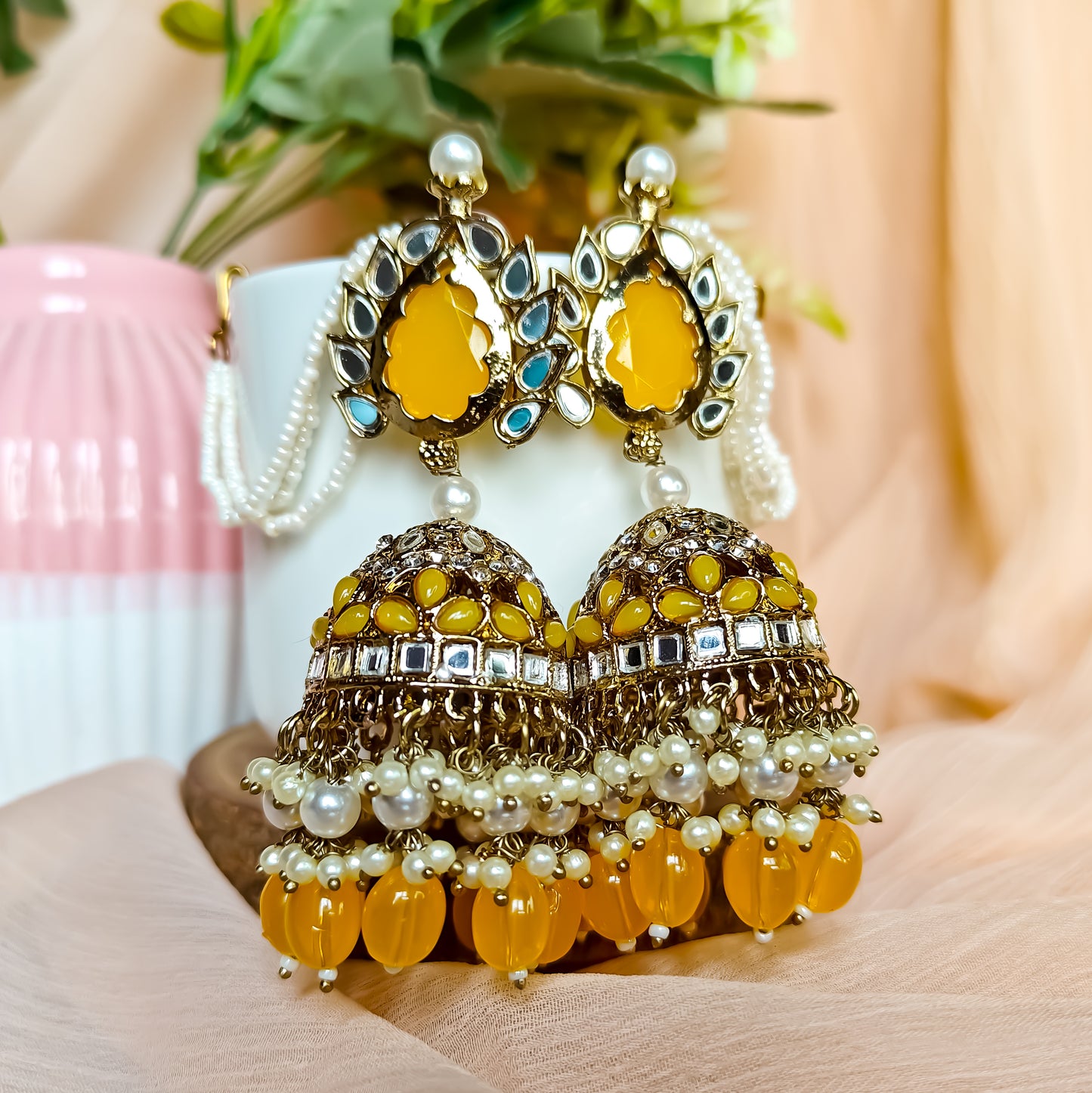 Shagun Jhumka Earrings - Yellow