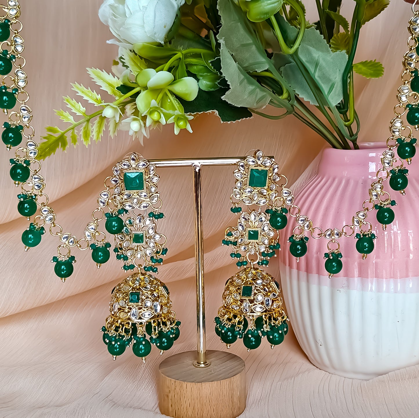 Riya Jhumka Earrings with Earchain- Green