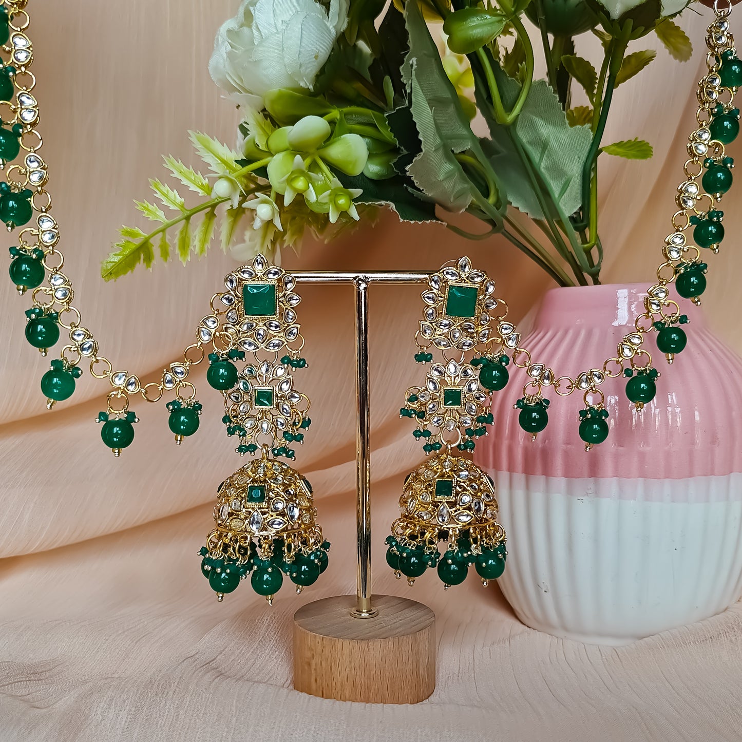 Riya Jhumka Earrings with Earchain- Green
