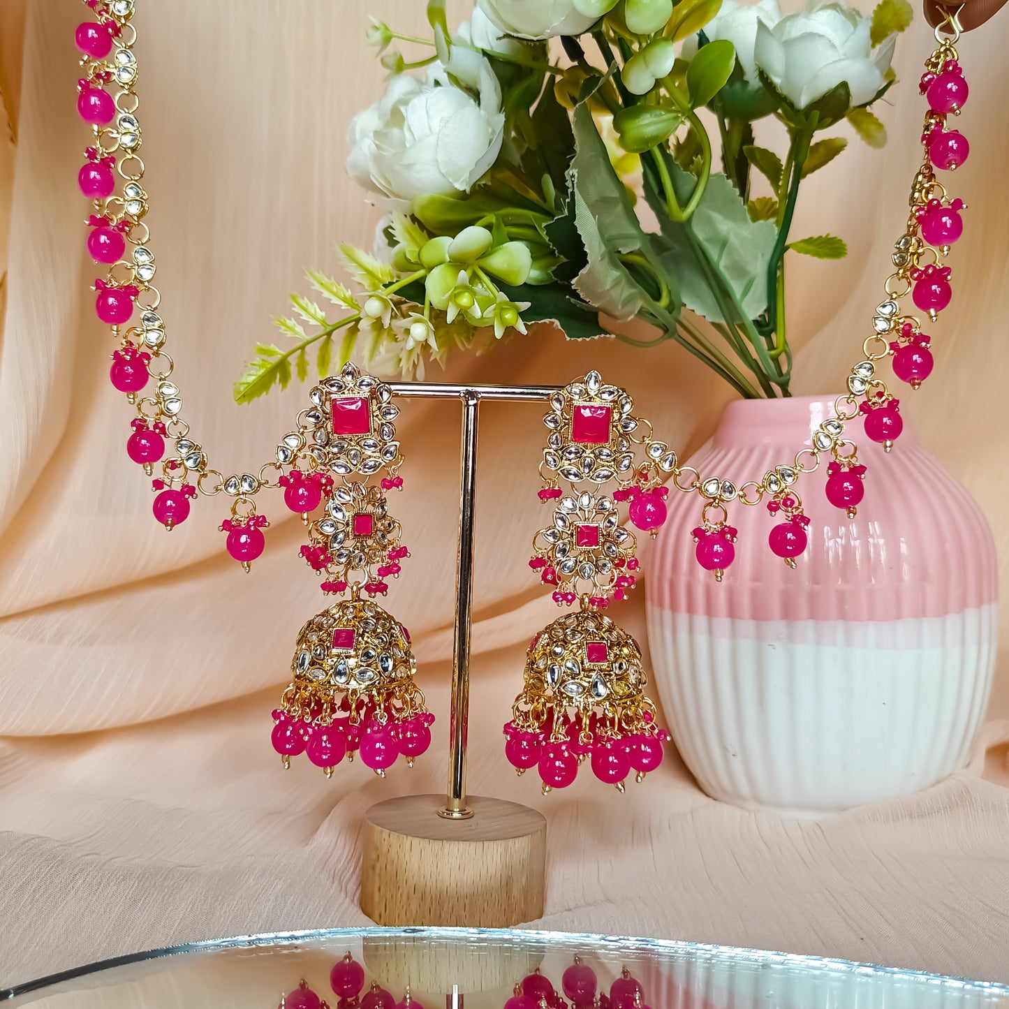 Riya Jhumka Earrings with Earchain-Hot Pink