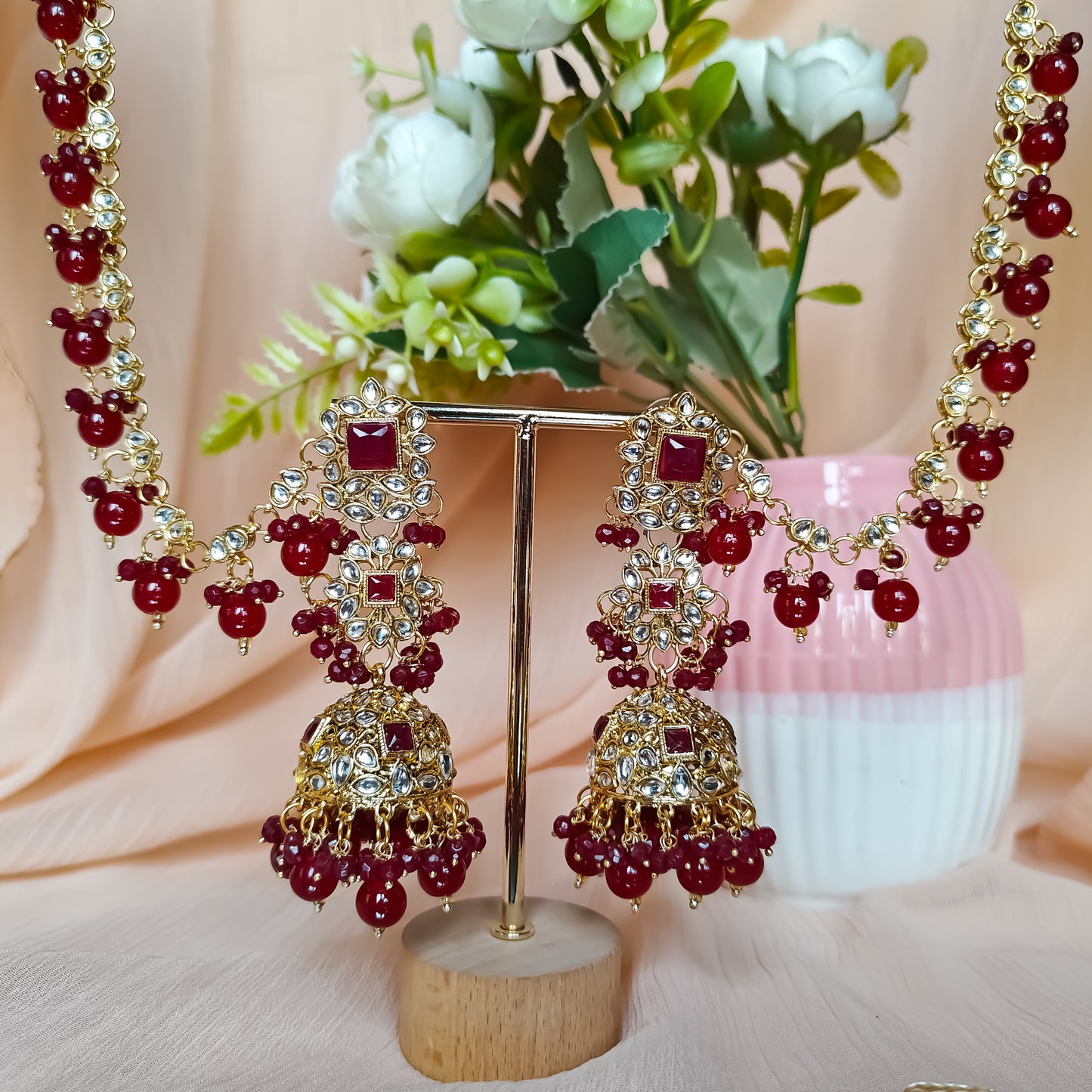 Riya Jhumka Earrings with Earchain- Maroon