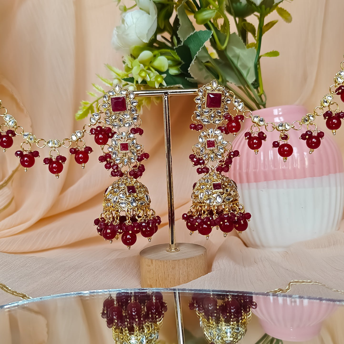 Riya Jhumka Earrings with Earchain- Maroon