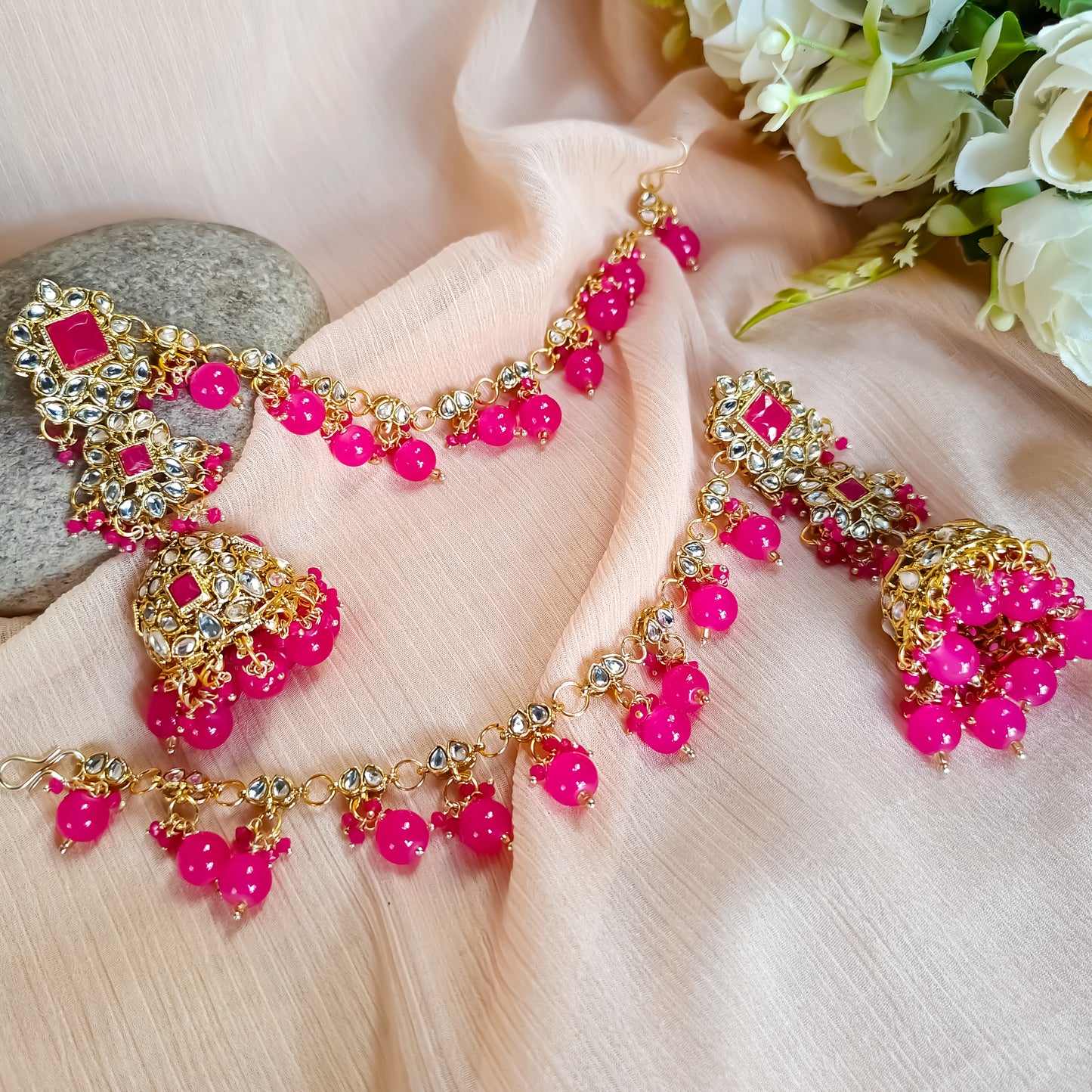 Riya Jhumka Earrings with Earchain-Hot Pink
