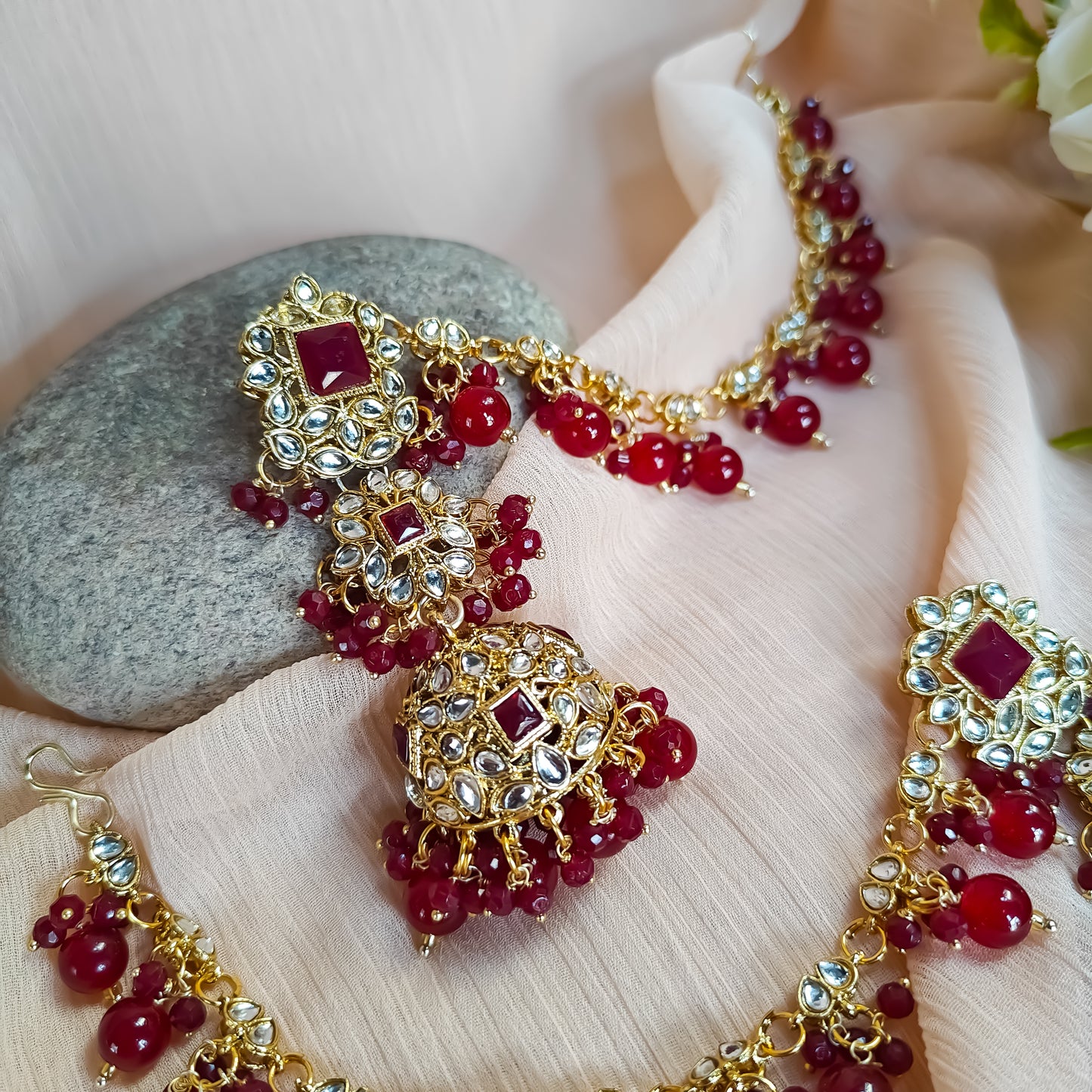 Riya Jhumka Earrings with Earchain- Maroon