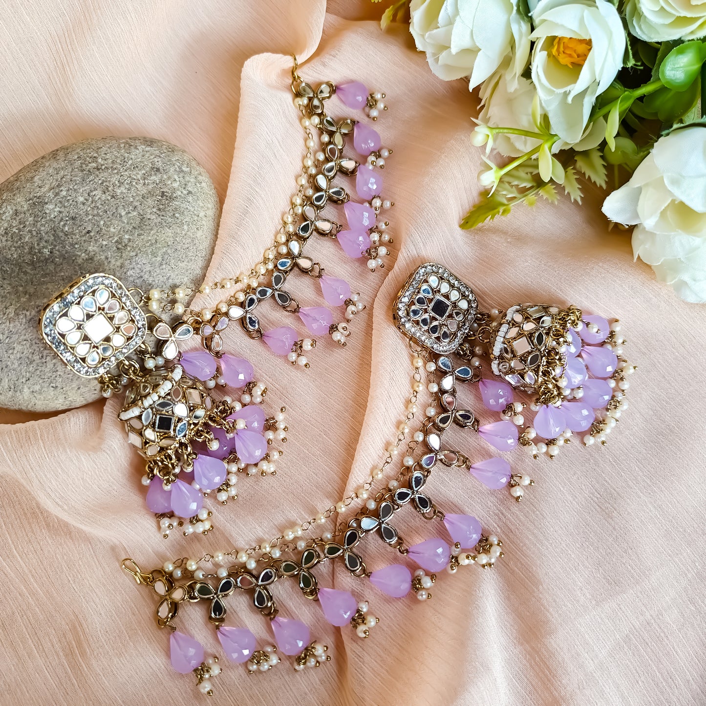 Mohika Mirror Jhumka Earrings with Sahara & Tika Set - Lavender
