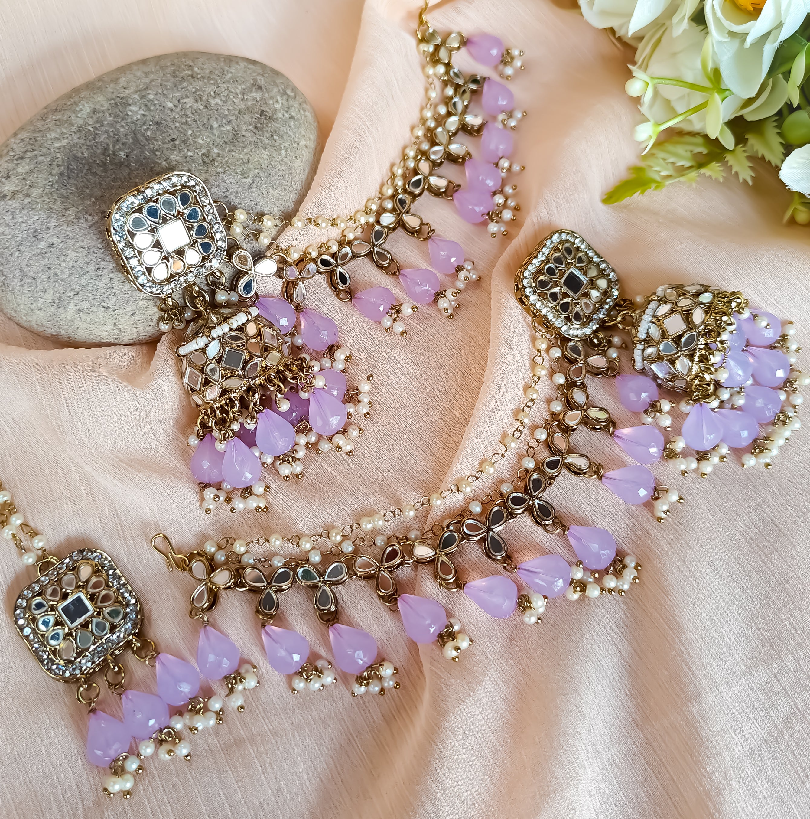 Mohika Mirror Jhumka Earrings with Sahara Tika Set Lavender