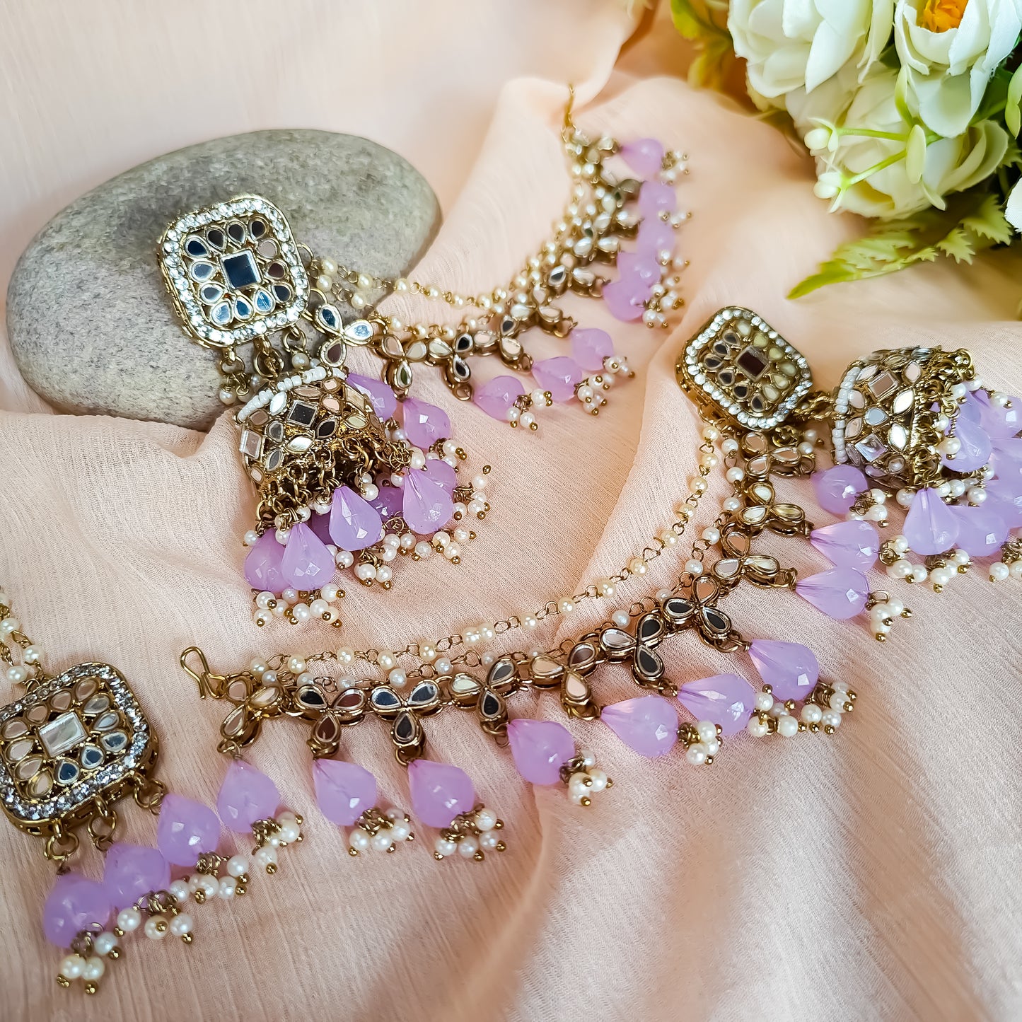 Mohika Mirror Jhumka Earrings with Sahara & Tika Set - Lavender