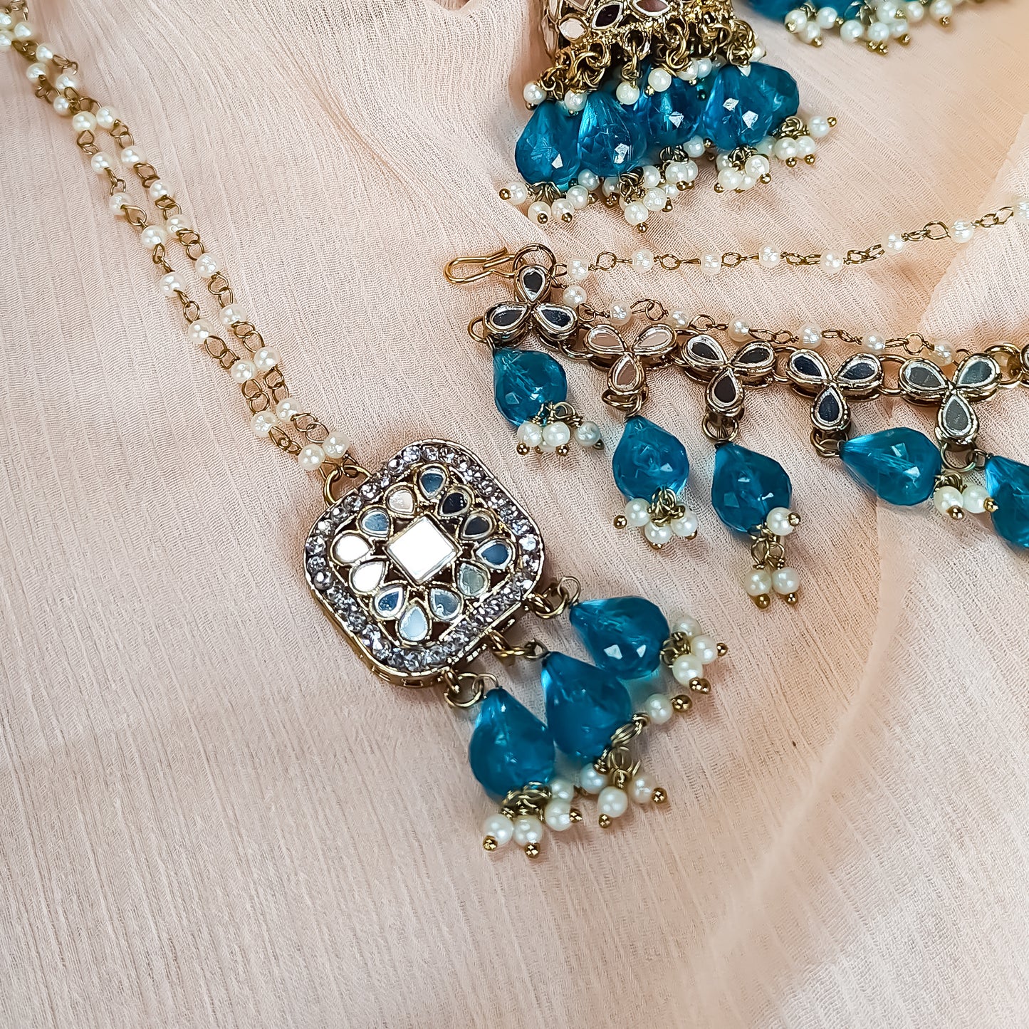 Mohika Mirror Jhumka Earrings with Sahara & Tika Set - Firozi Blue