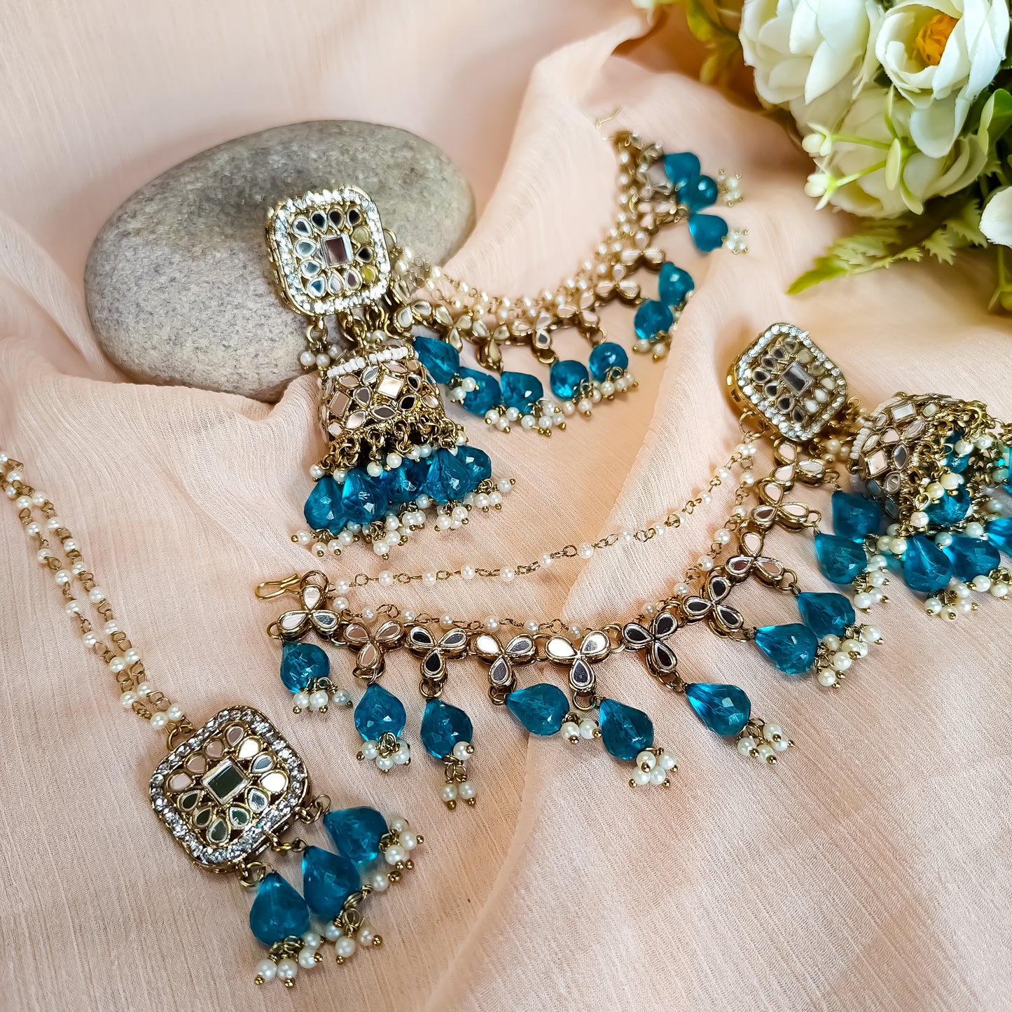 Mohika Mirror Jhumka Earrings with Sahara & Tika Set - Firozi Blue