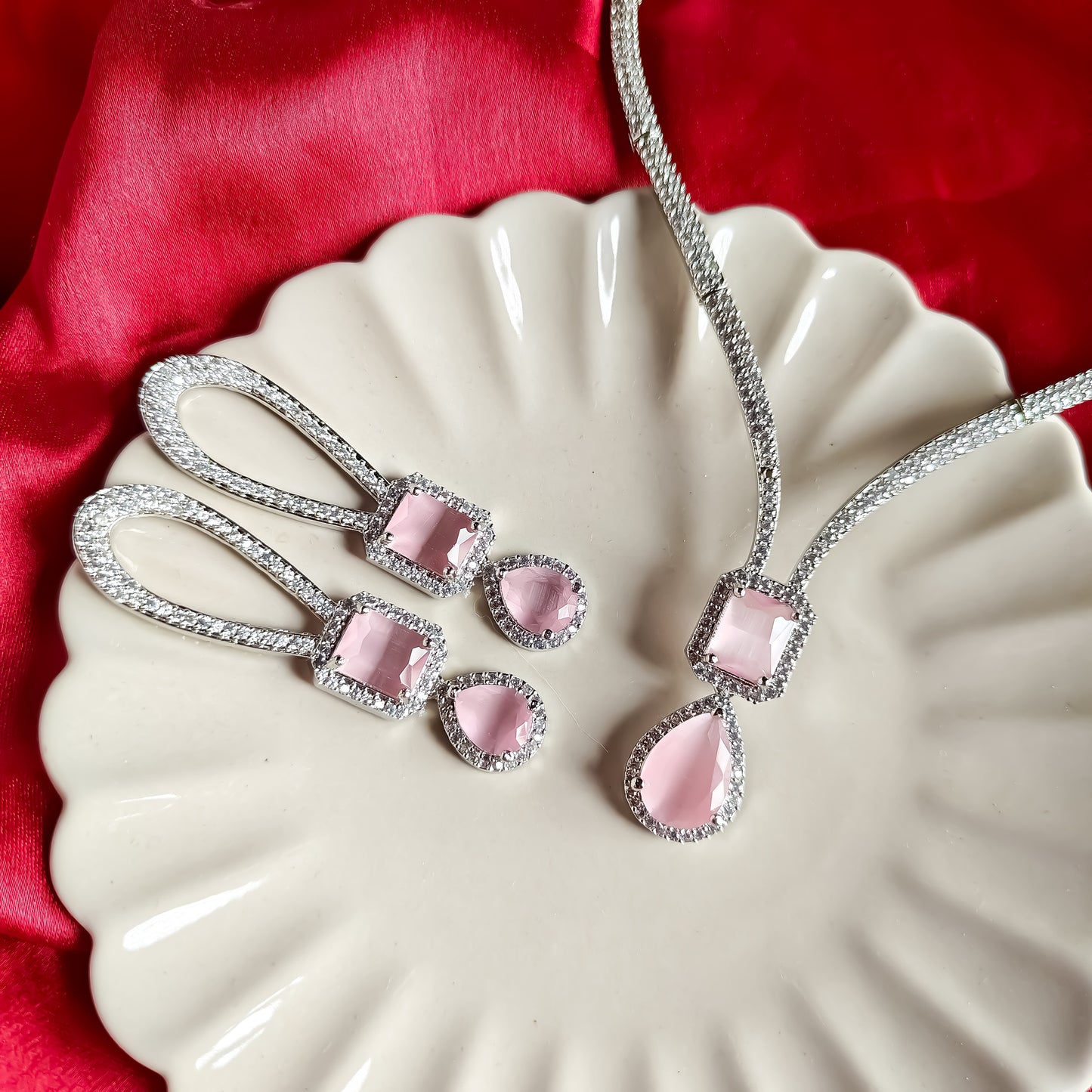 Deepika Inspired AD Necklace Set Pastel Pink
