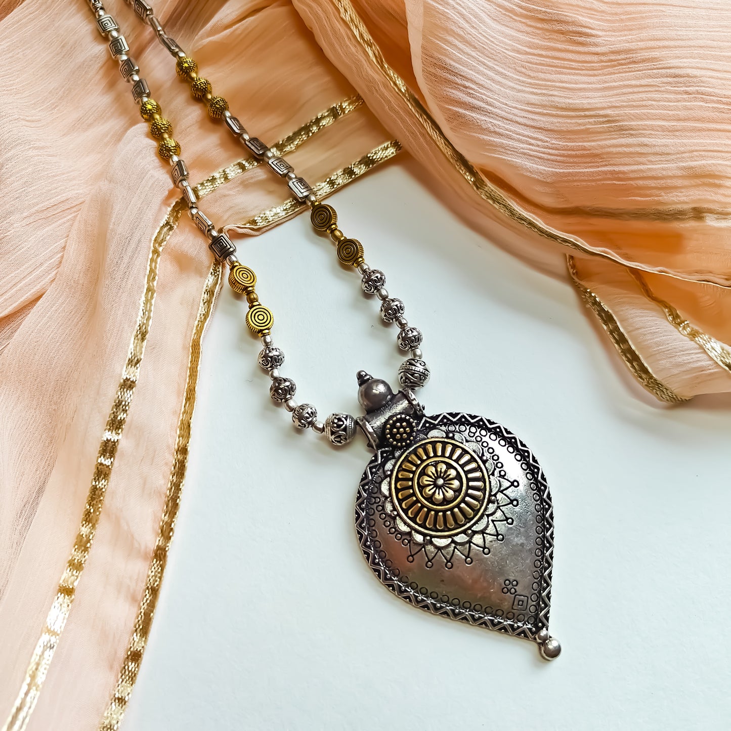 Dual Tone Carved Long Necklace