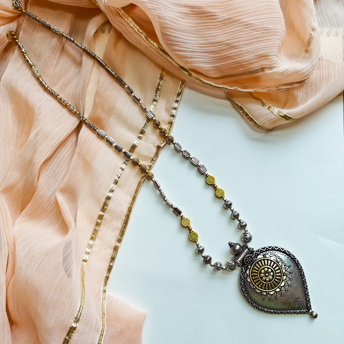 Dual Tone Carved Long Necklace