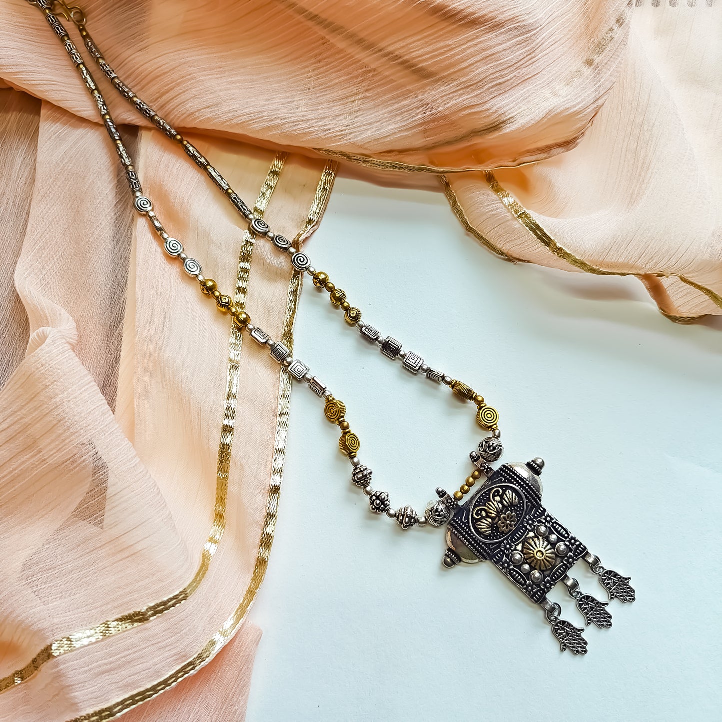 Dual Tone Charm Long Necklace