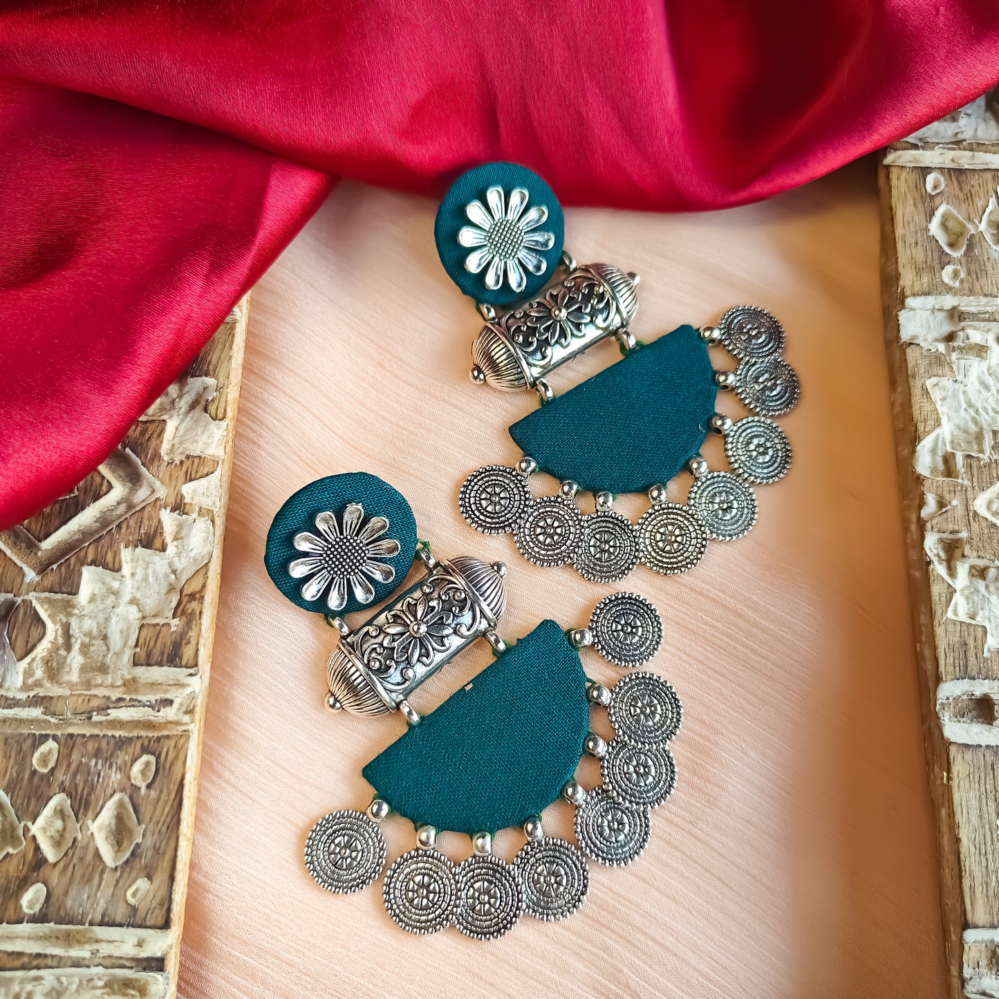 Kamakshi Fabric Chandbali Earrings - Peacock Blue