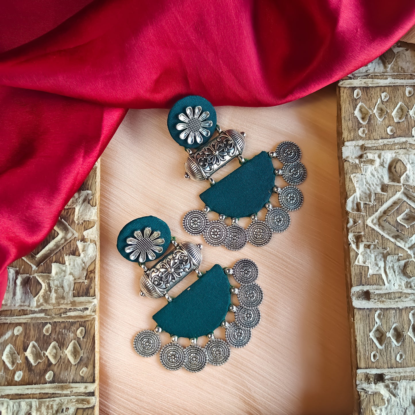 Kamakshi Fabric Chandbali Earrings - Peacock Blue