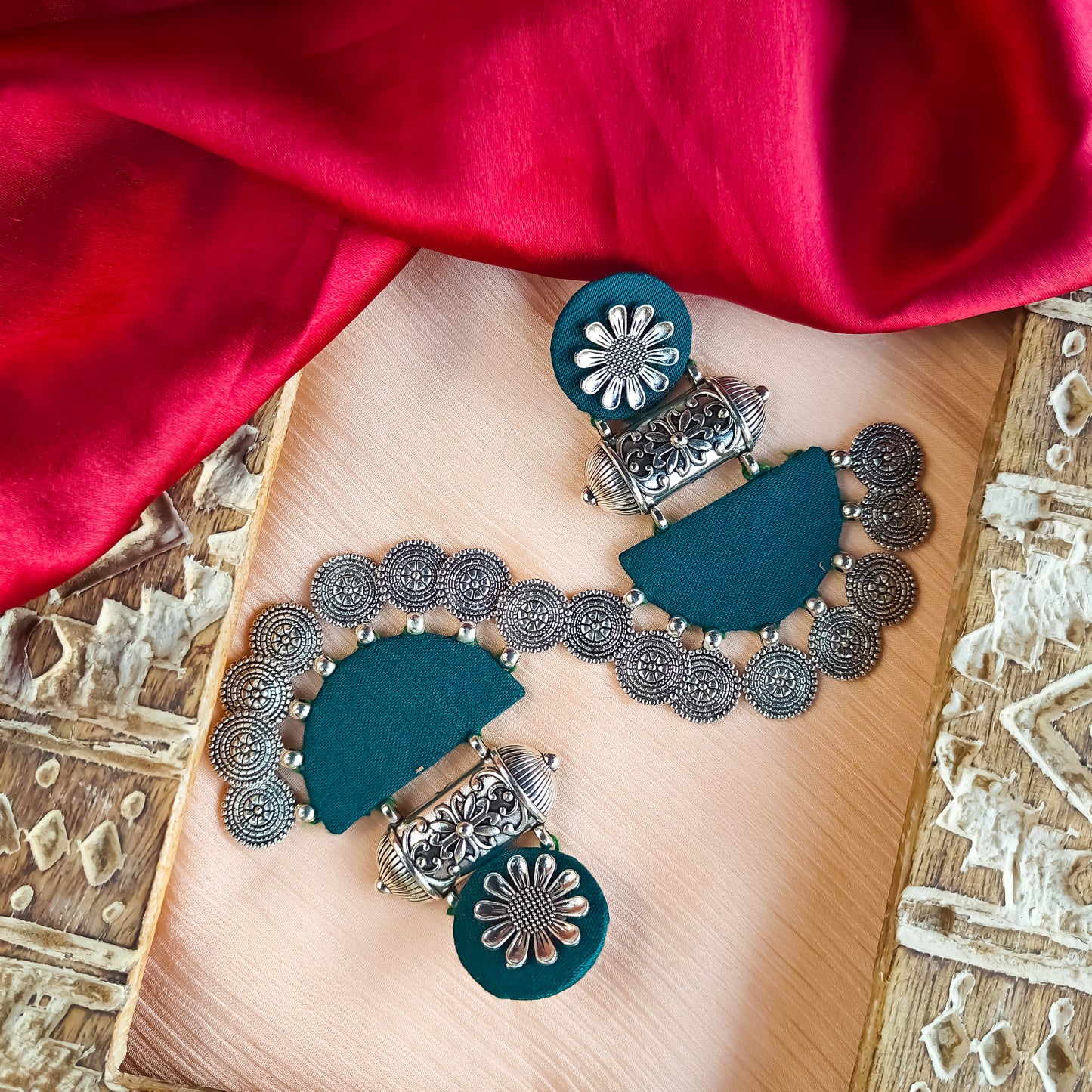 Kamakshi Fabric Chandbali Earrings - Peacock Blue