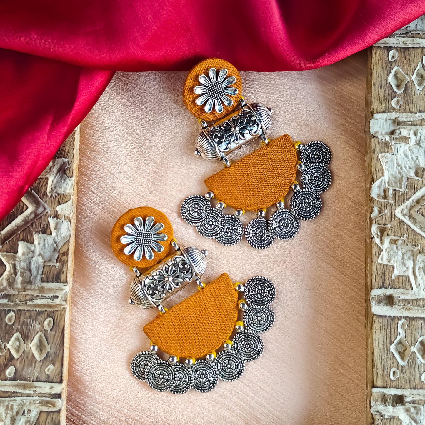 Kamakshi Fabric Chandbali Earrings - Mustard Yellow