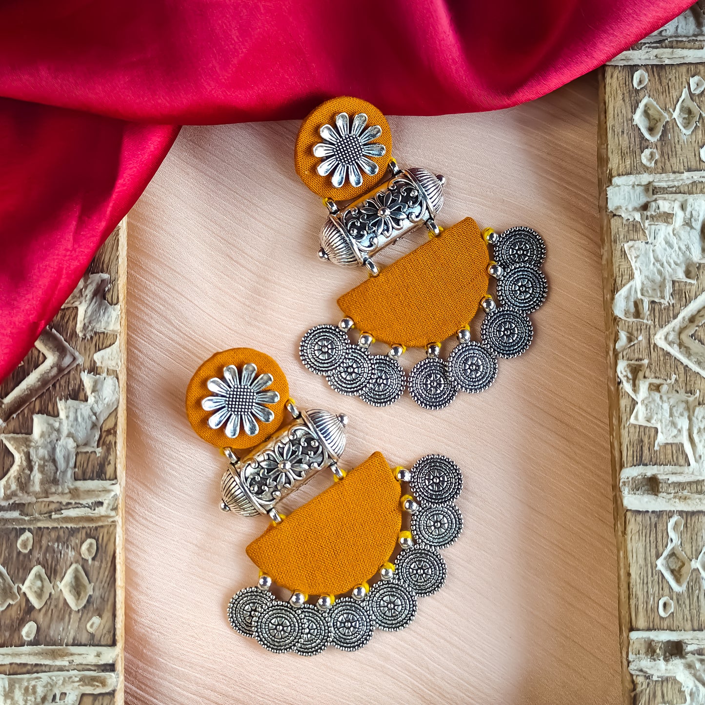 Kamakshi Fabric Chandbali Earrings - Mustard Yellow