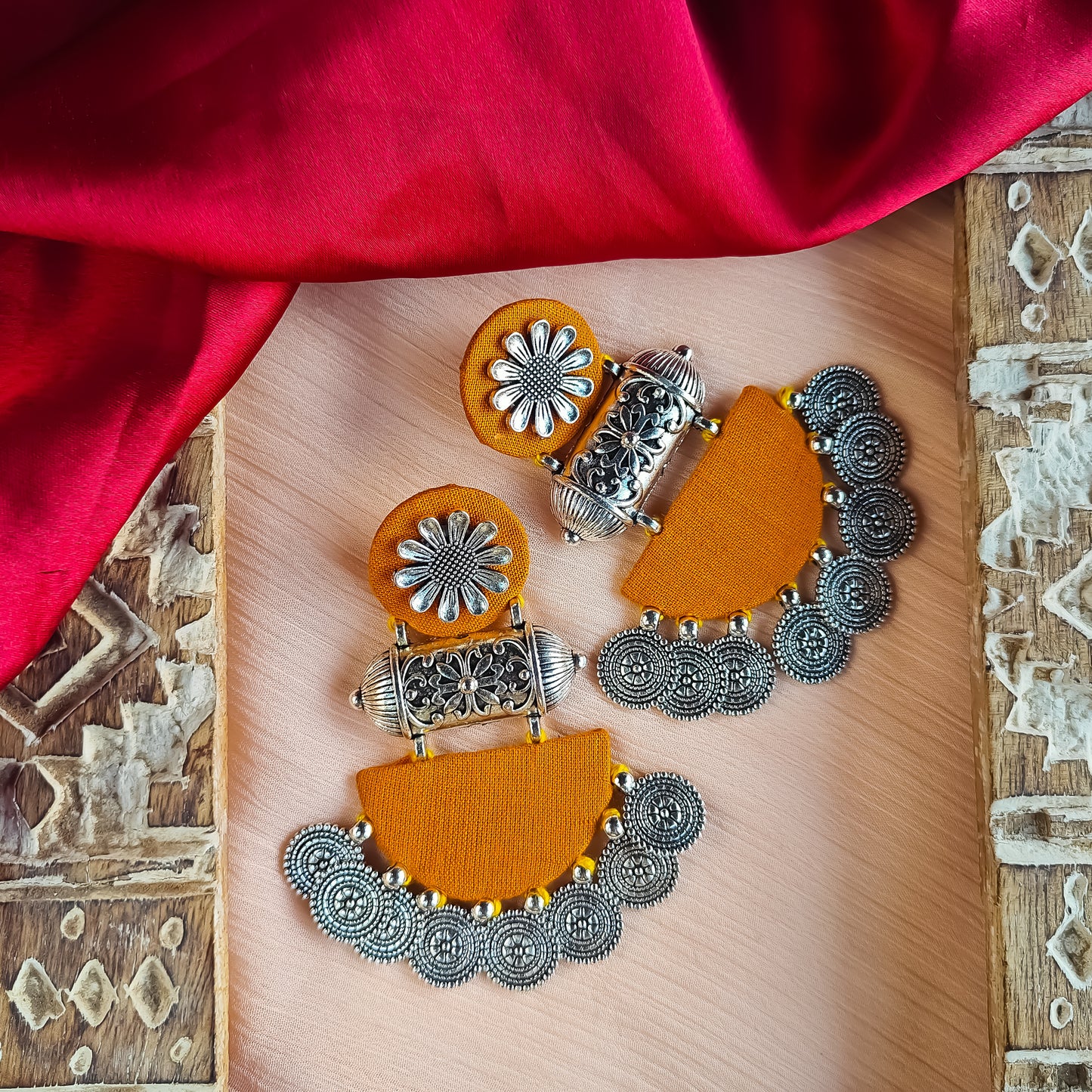 Kamakshi Fabric Chandbali Earrings - Mustard Yellow