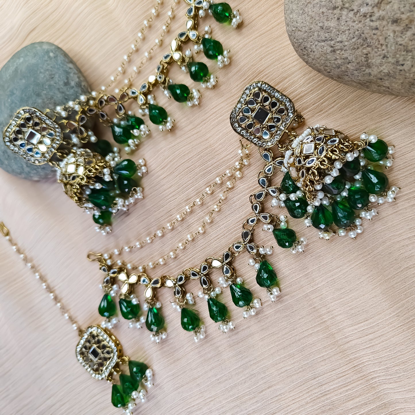 Mohika Mirror Jhumka Earrings with Sahara & Tika Set - Green