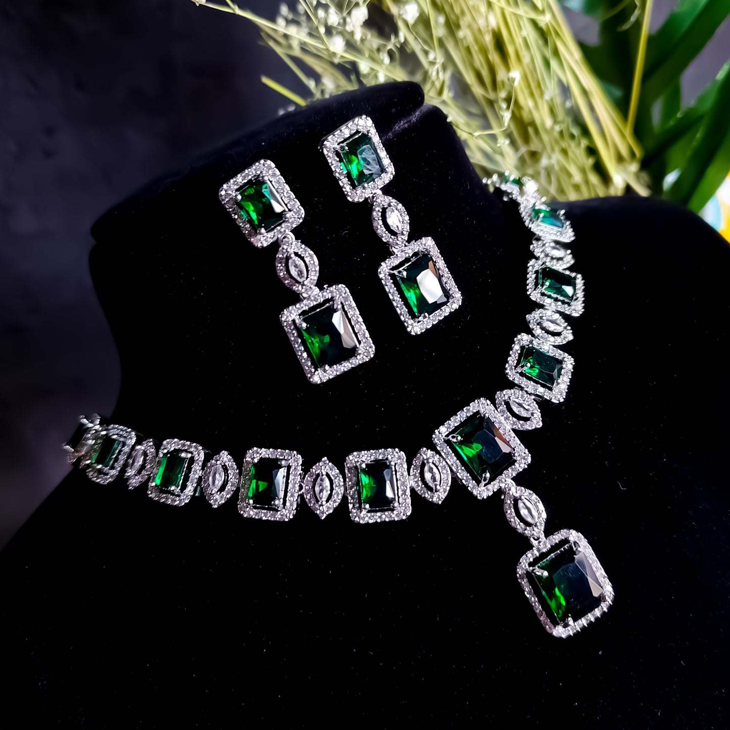 Alice Premium American Diamond (AD) Necklace Set- Emerald Green