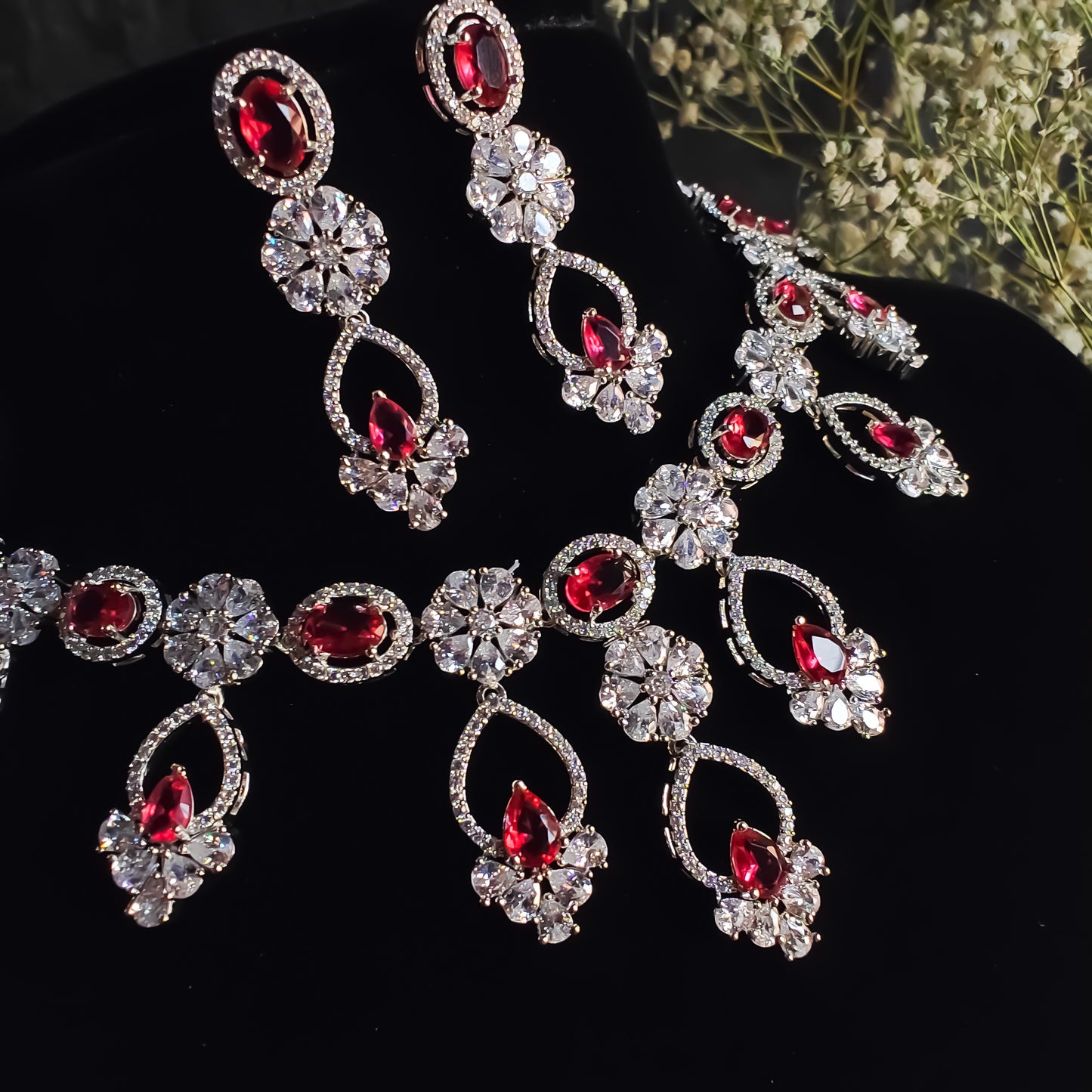 Yani Premium American Diamond (AD) Necklace Set- Ruby Red