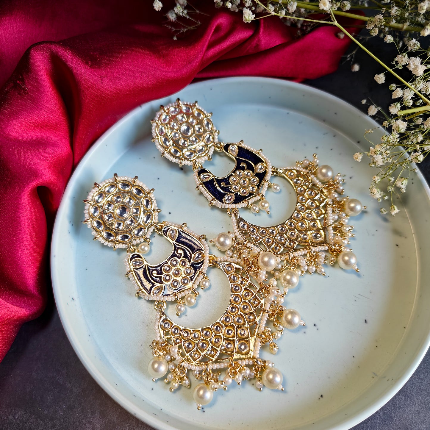 Dabi Kundan Chandbali Earrings-Navy Blue