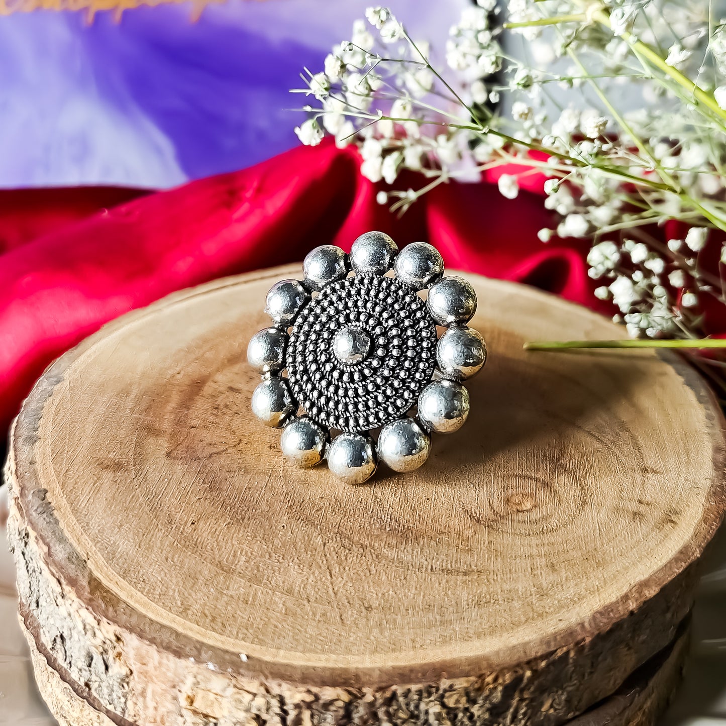 Round German Silver Adjustable Ring