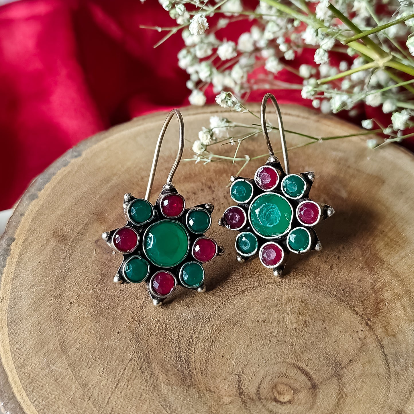 Green & Pink Floral Drop Earrings