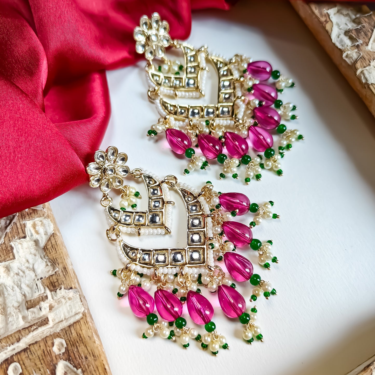 Gehna Dabi Kundan Chandbali Earrings - Onion Pink