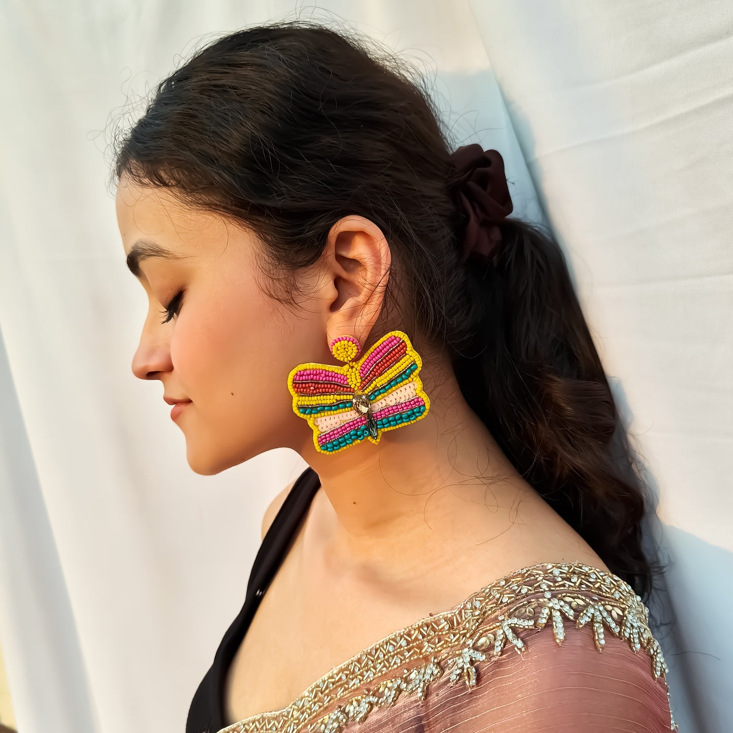 Bold Butterfly Multi Hand Embroidered Earrings