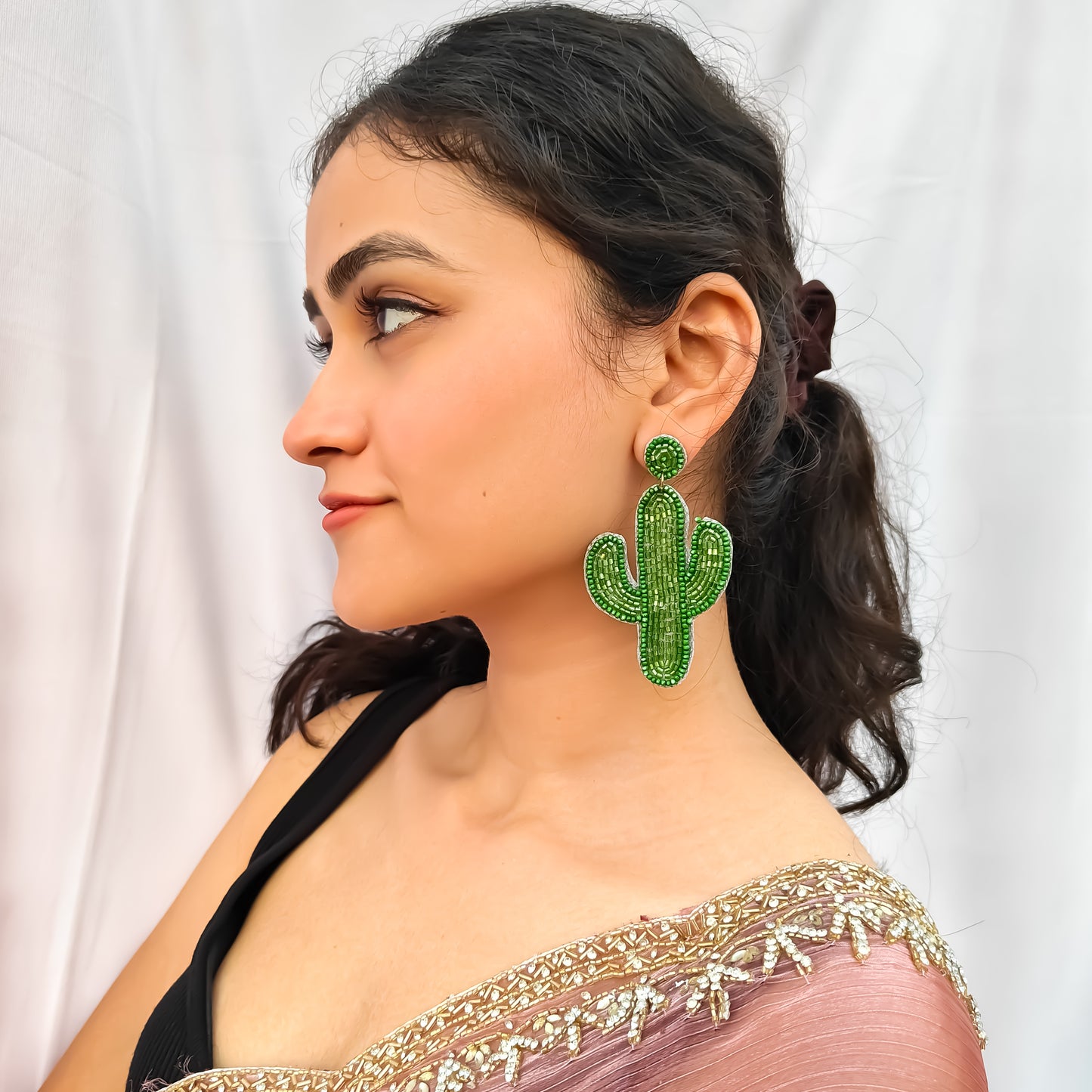 Cute Cactus Hand Embroidered Earrings - Green