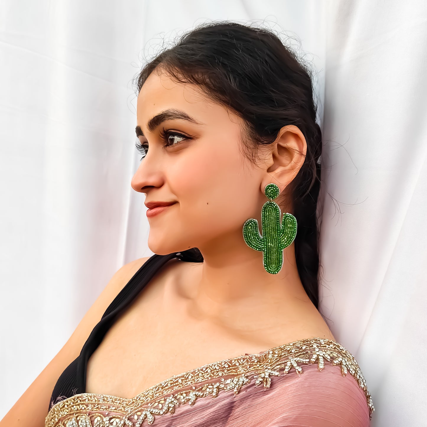 Cute Cactus Hand Embroidered Earrings - Green