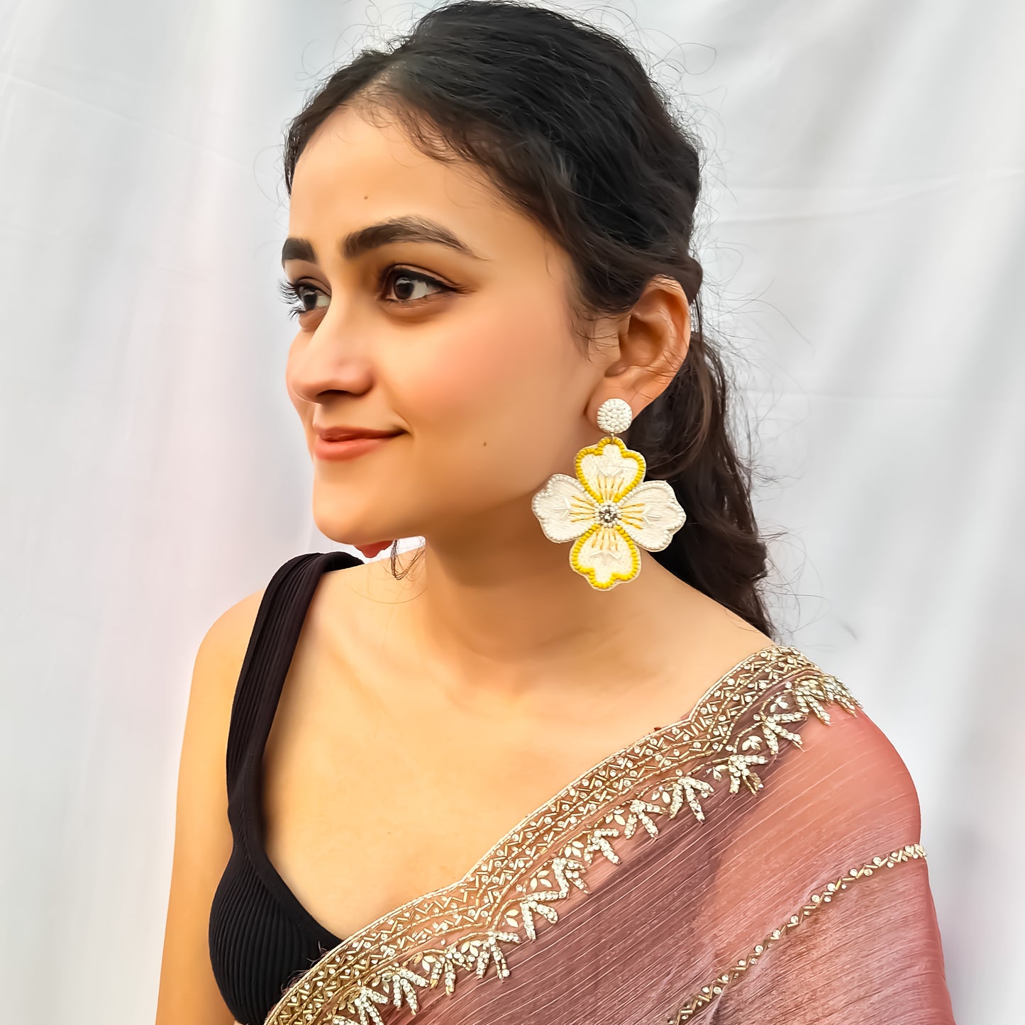 Jasmine Hand Embroidered Earrings - Yellow
