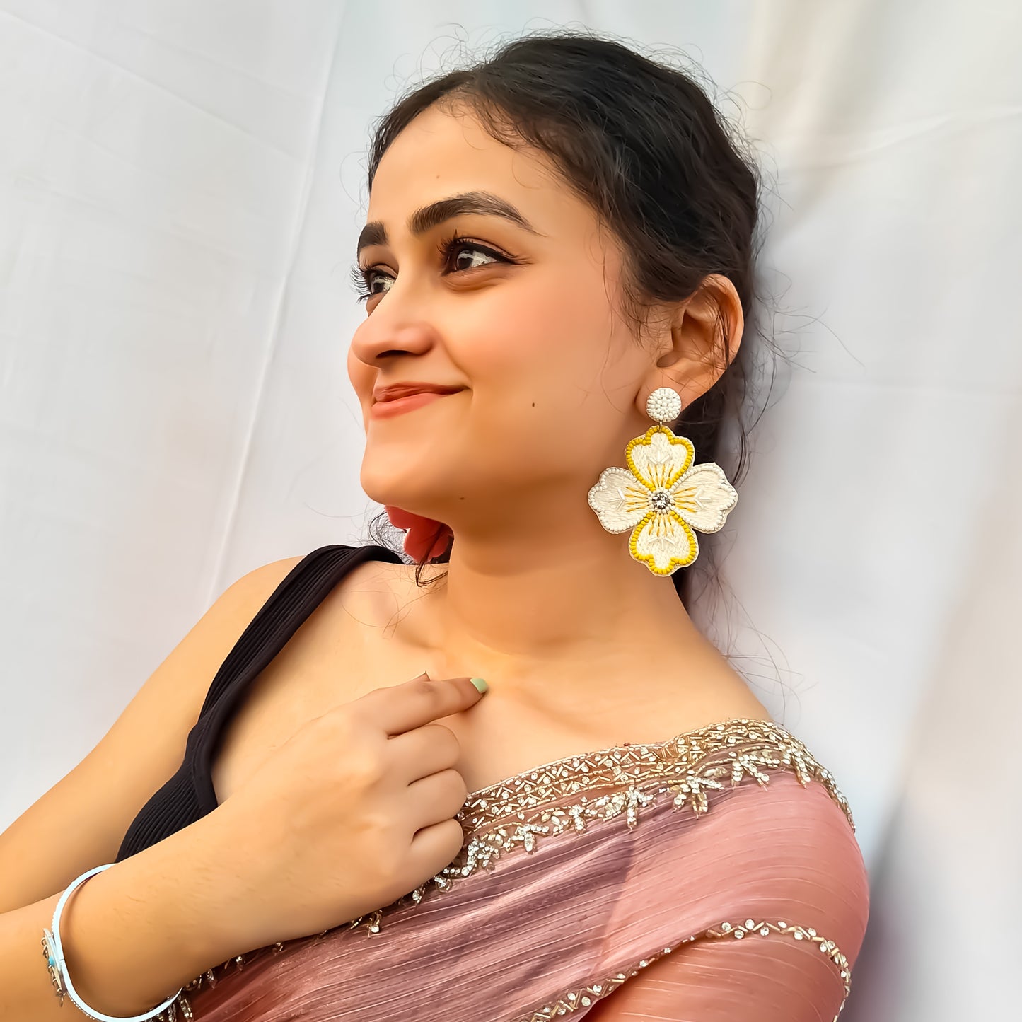 Jasmine Hand Embroidered Earrings - Yellow