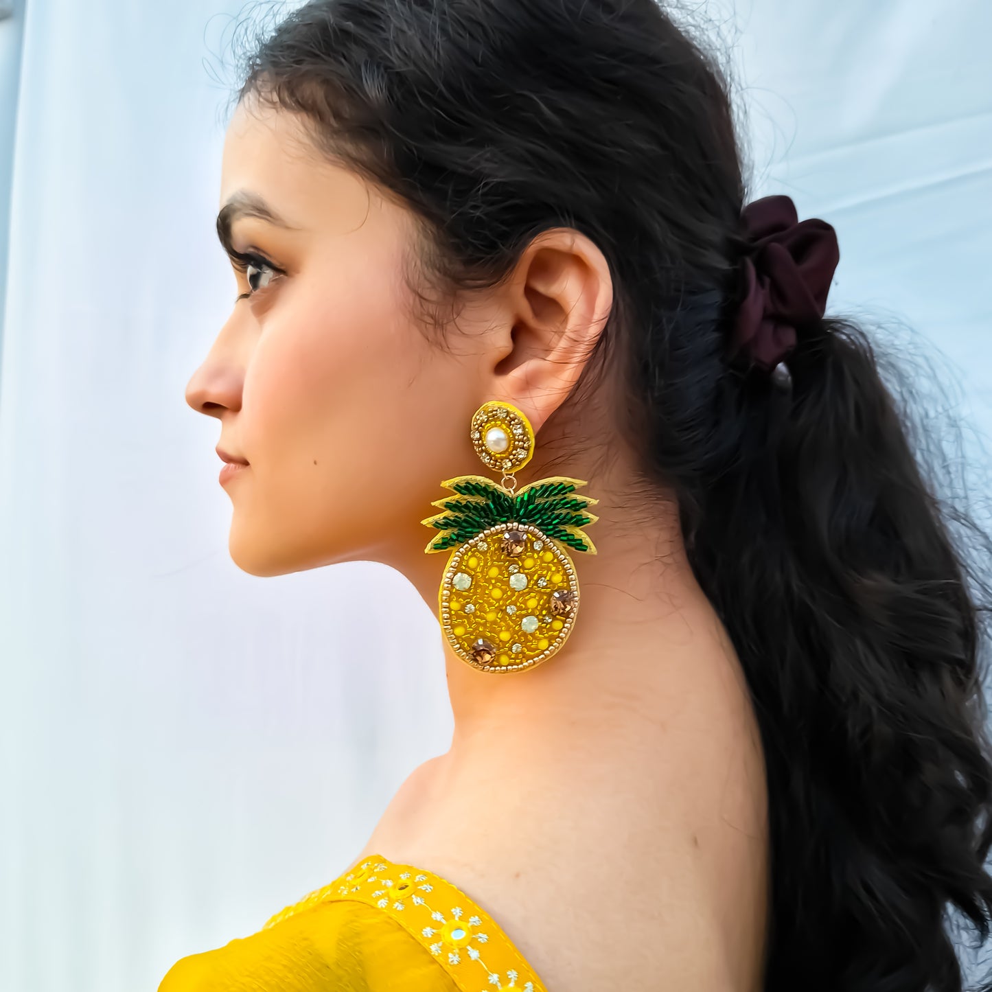 Pineapple Punch Yellow Hand Embroidered Earrings
