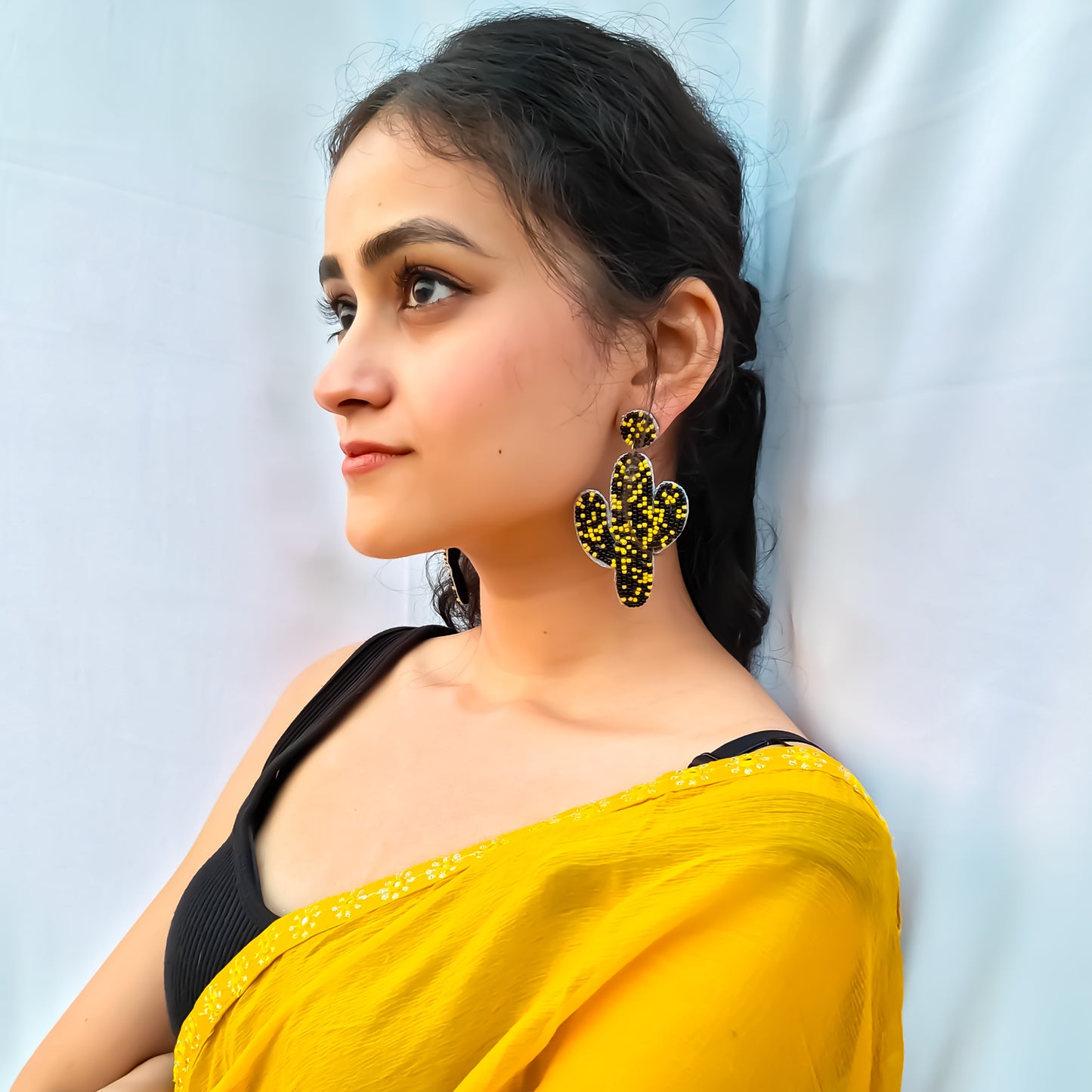 Cute Cactus Hand Embroidered Earrings - Black & Yellow