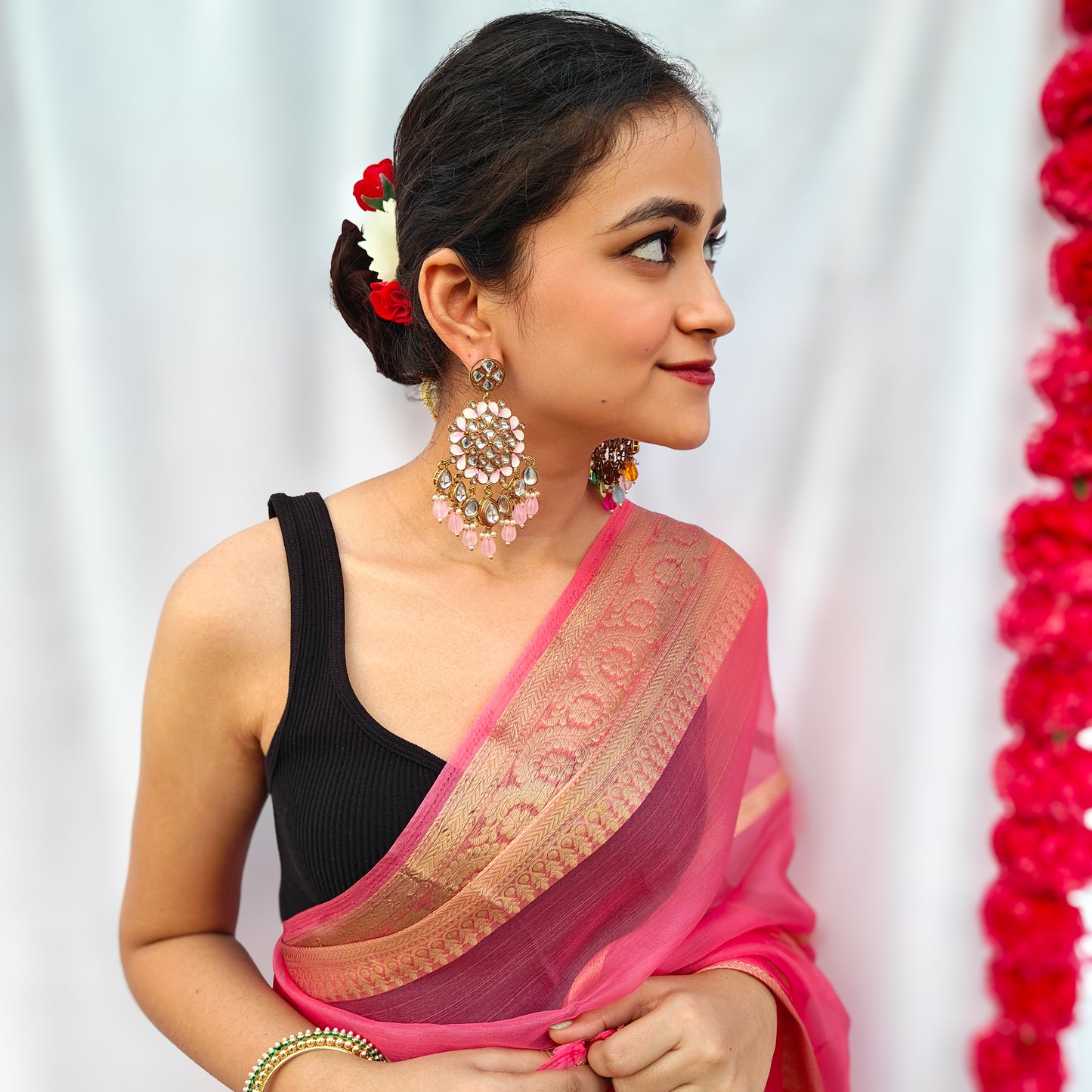Saanjh Meenakari Chandbali Earrings Baby Pink