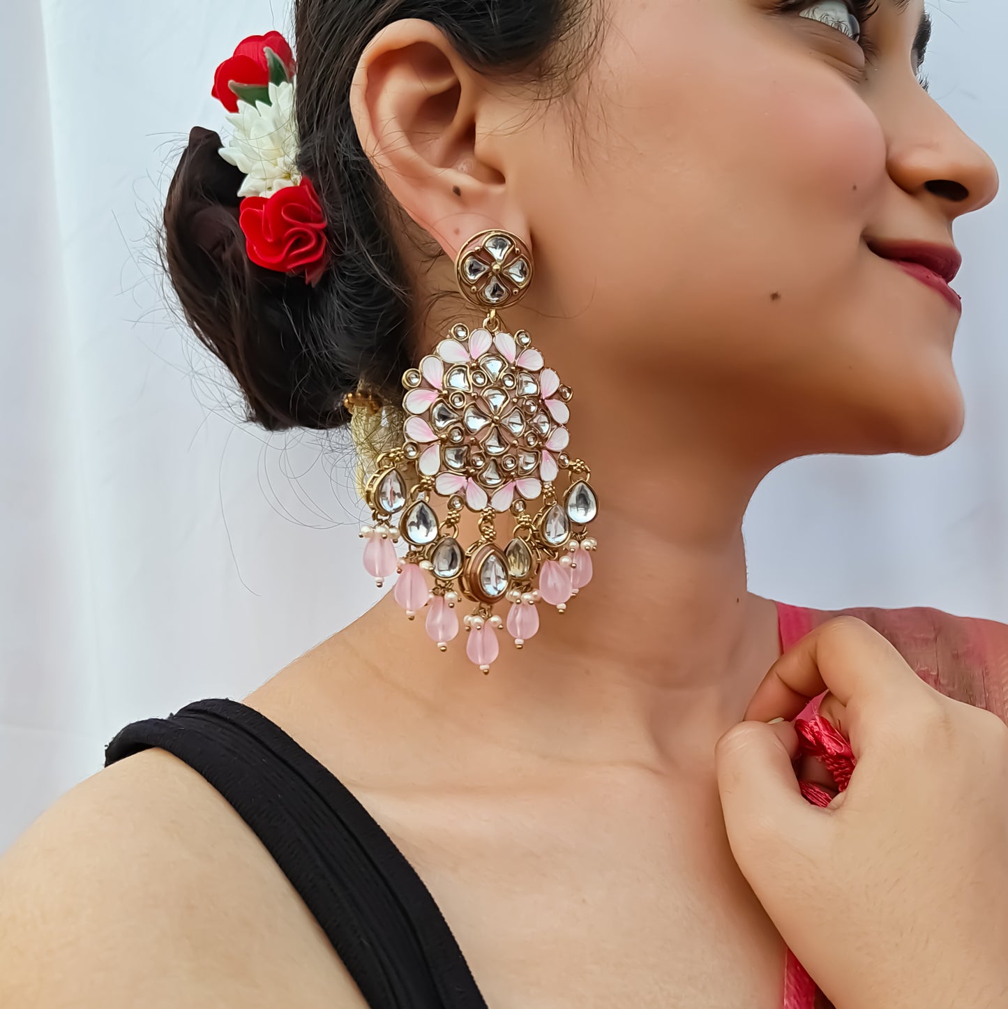 Saanjh Meenakari Chandbali Earrings Baby Pink