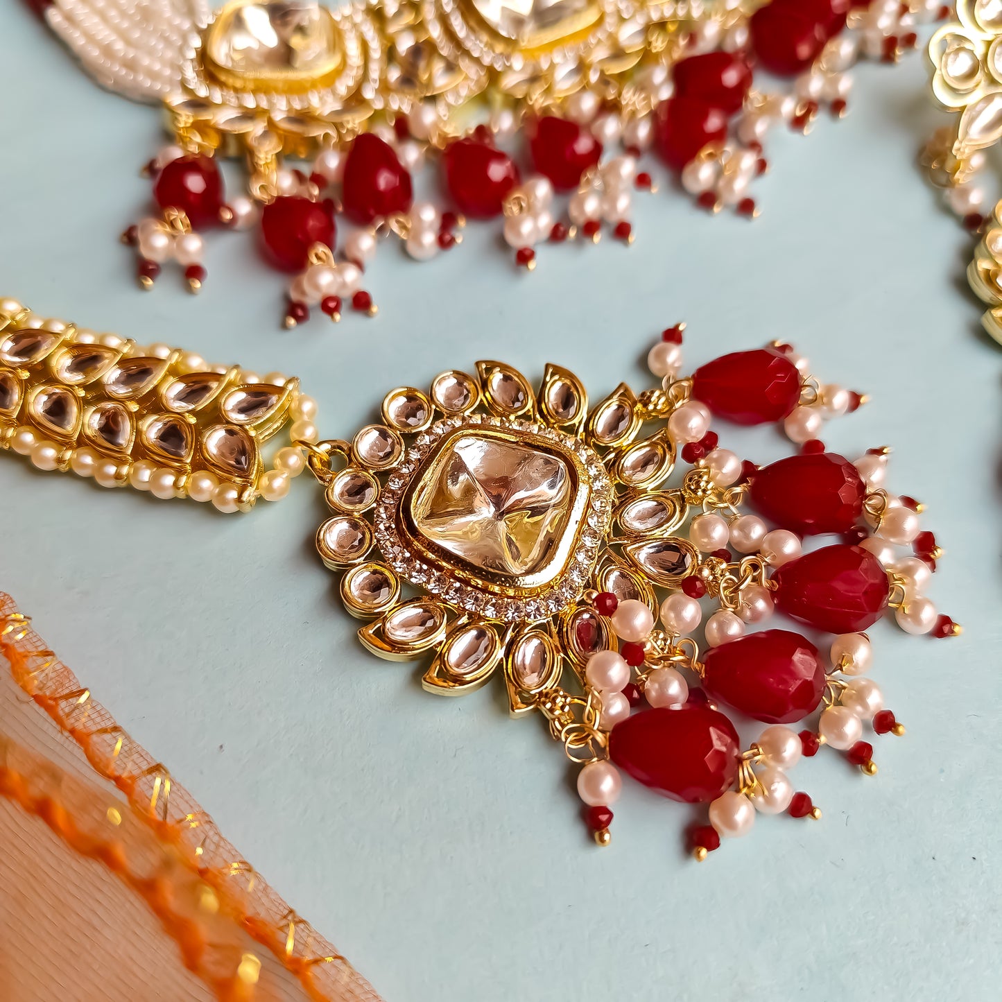 Sumer Polki Ad Necklace Set- Red