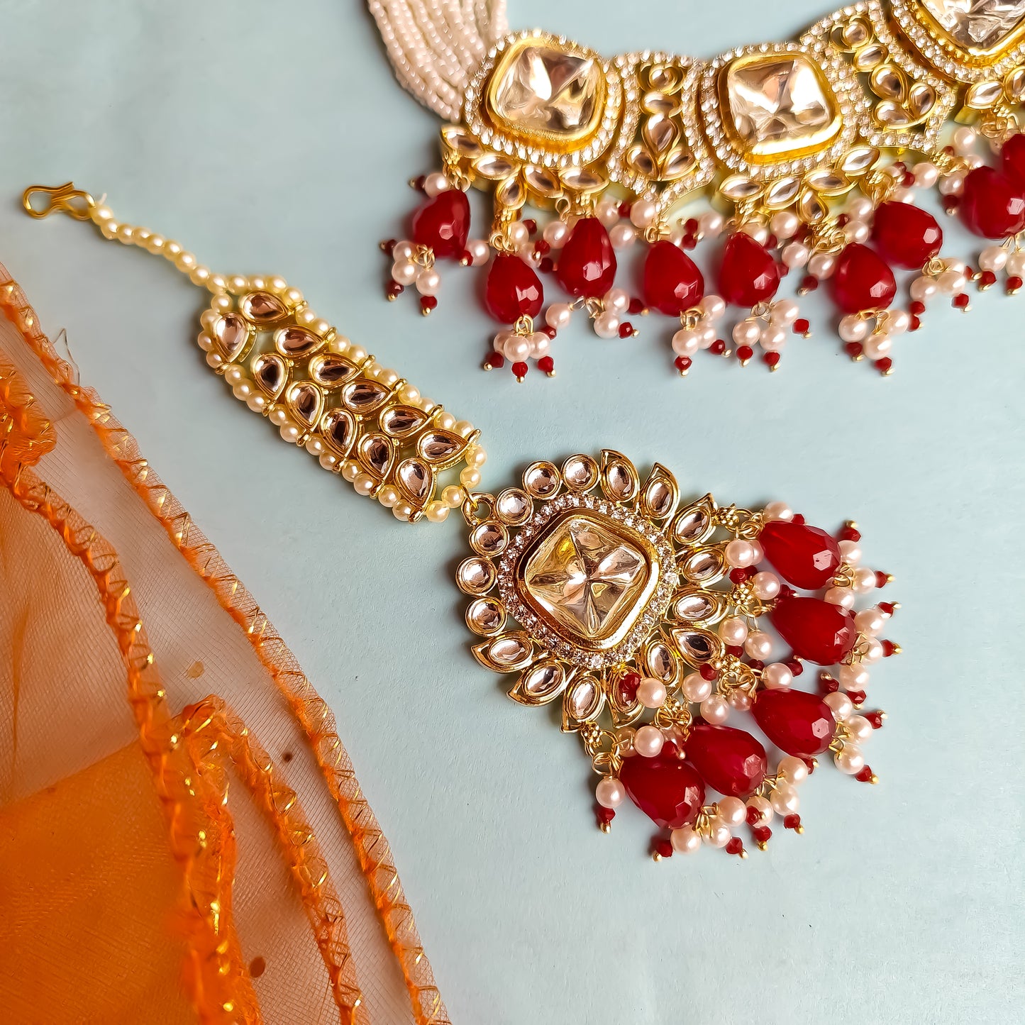 Sumer Polki Ad Necklace Set- Red