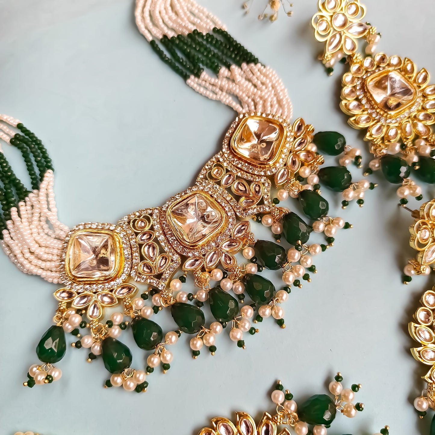 Sumer Polki Ad Necklace Set- Green