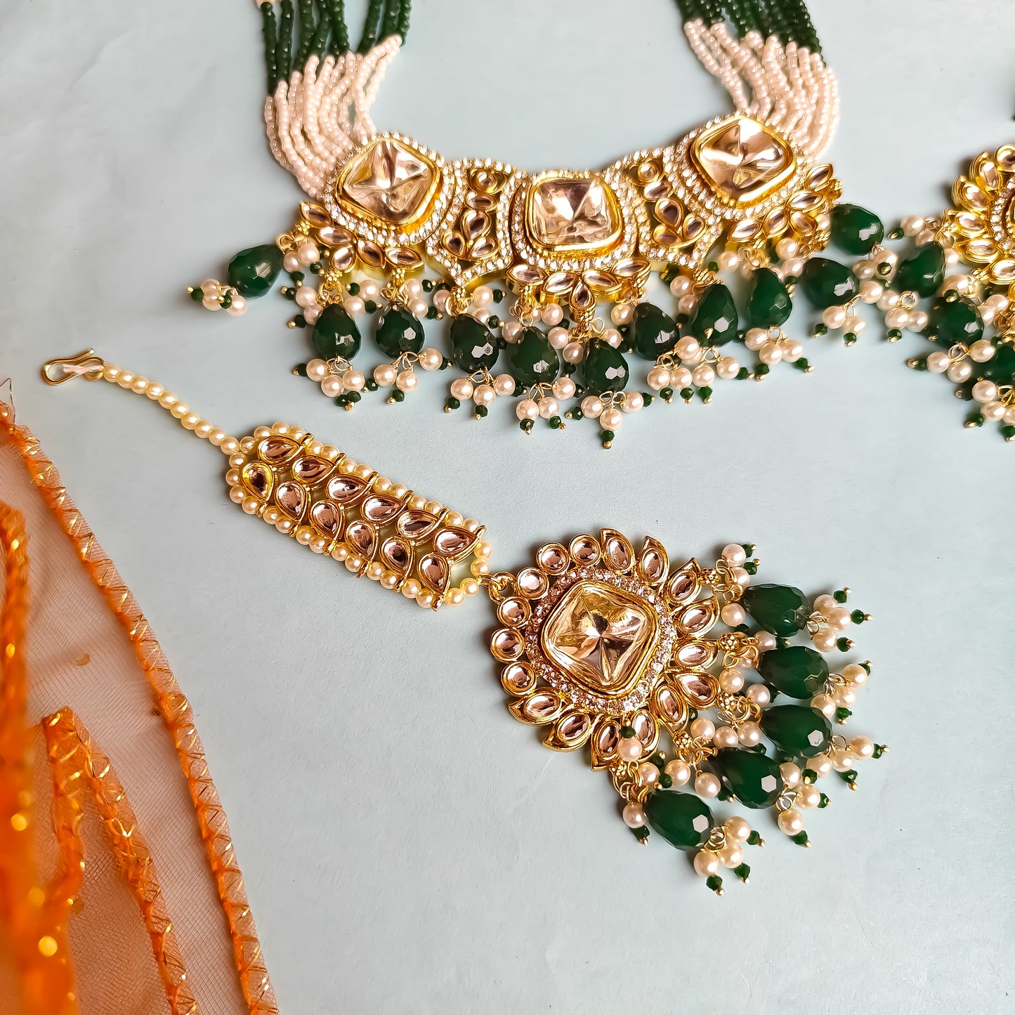 Sumer Polki Ad Necklace Set- Green