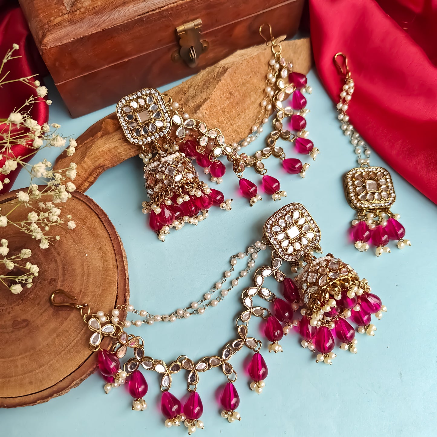 Mohika Mirror Jhumka Earrings with Sahara & Tika Set - Magenta Pink