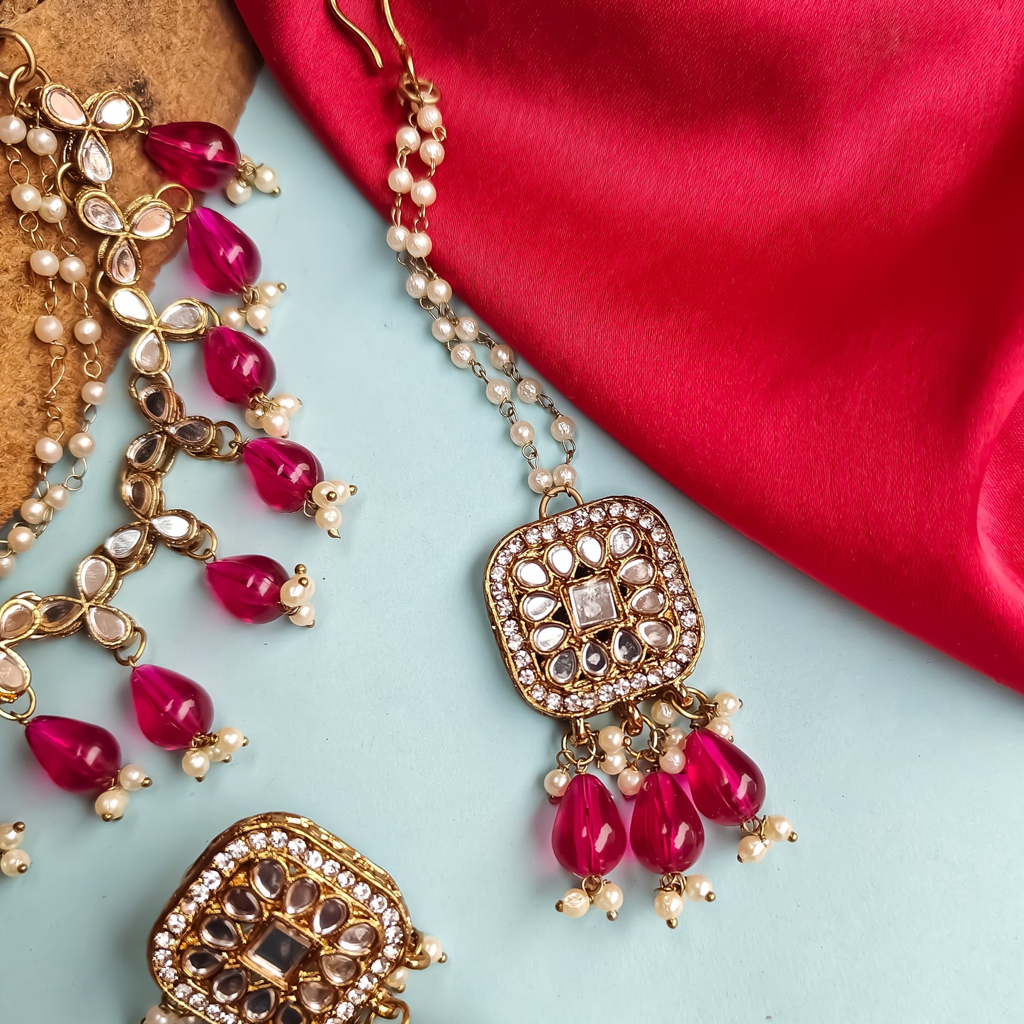 Mohika Mirror Jhumka Earrings with Sahara & Tika Set - Magenta Pink