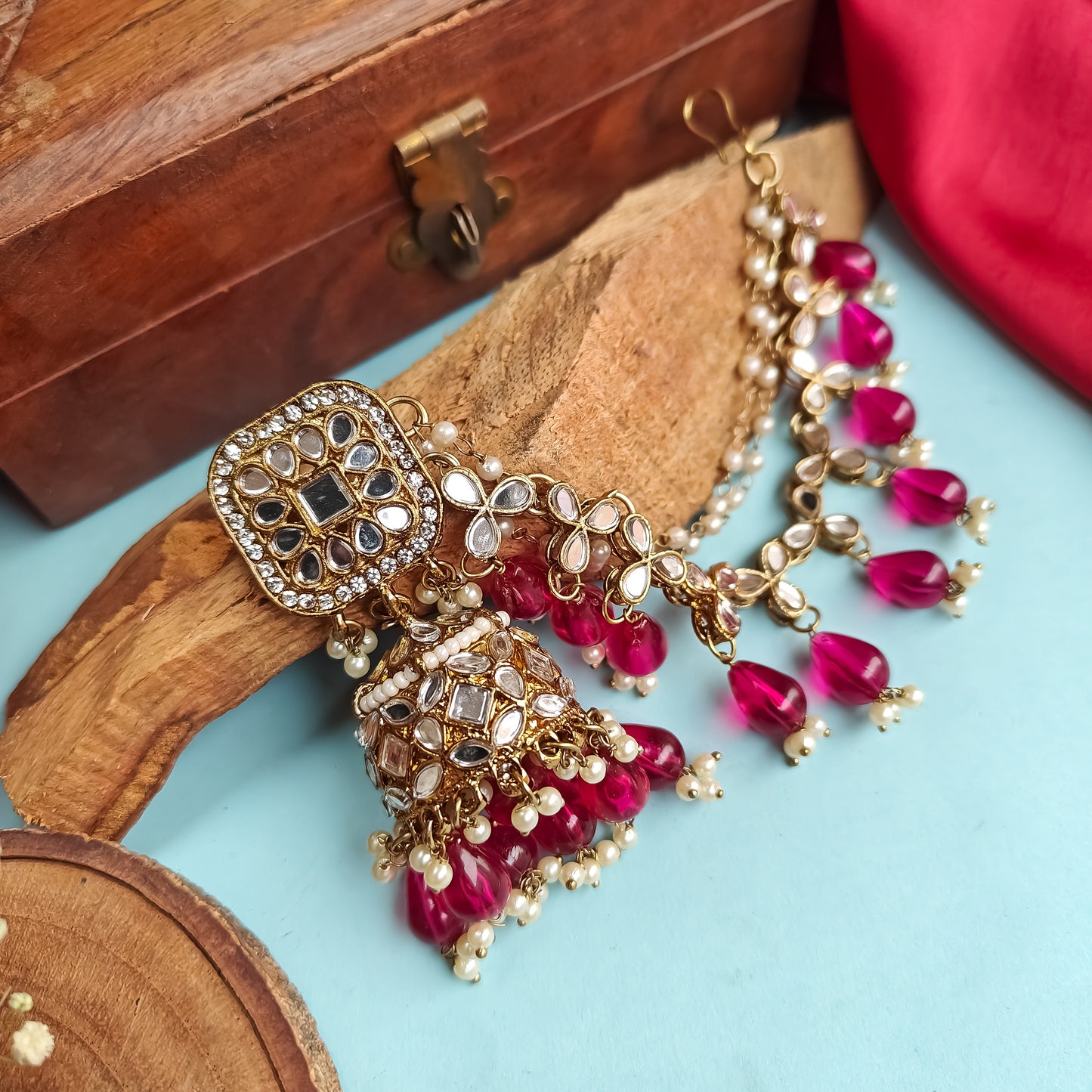 Mohika Mirror Jhumka Earrings with Sahara & Tika Set - Magenta Pink