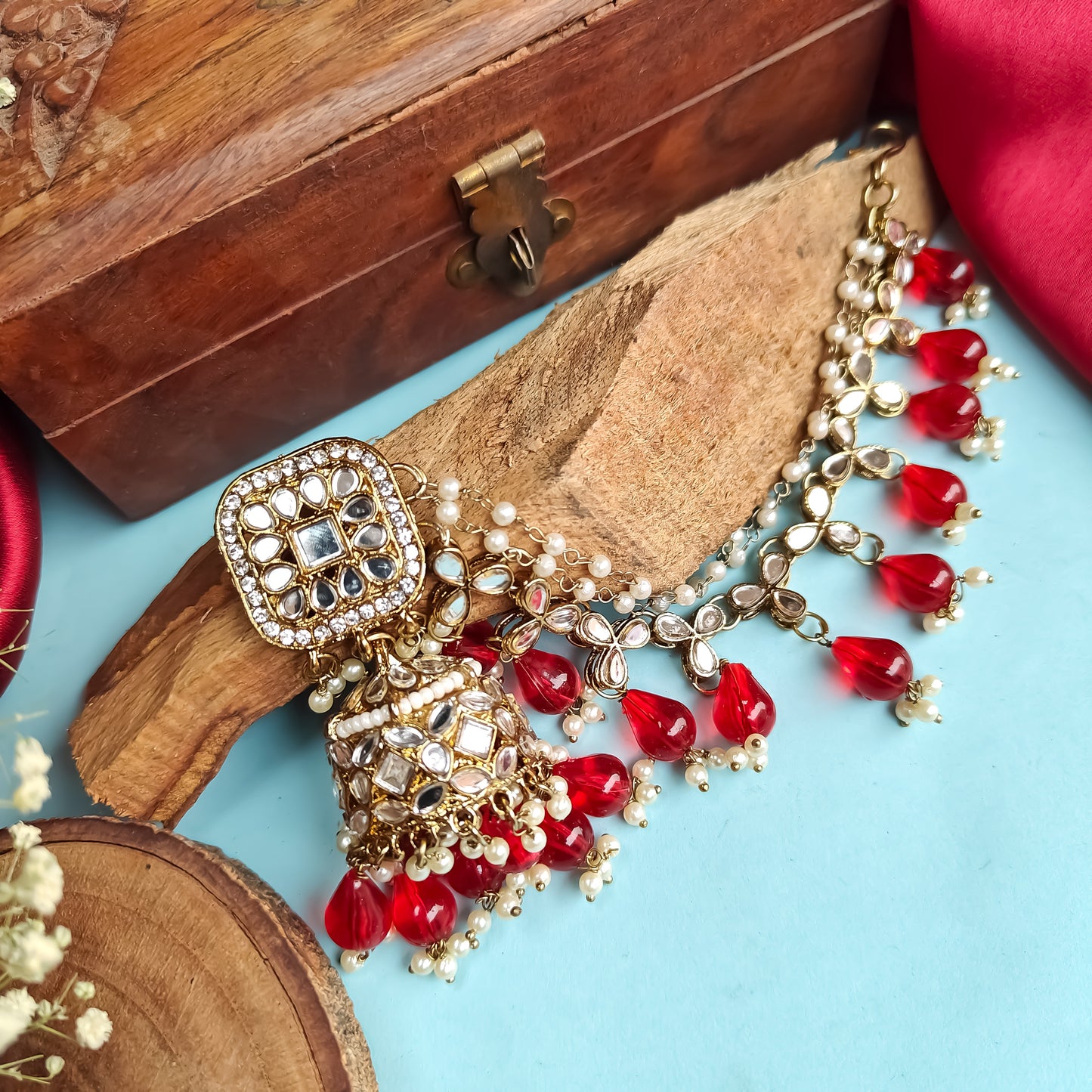 Mohika Mirror Jhumka Earrings with Sahara & Tika Set - Red